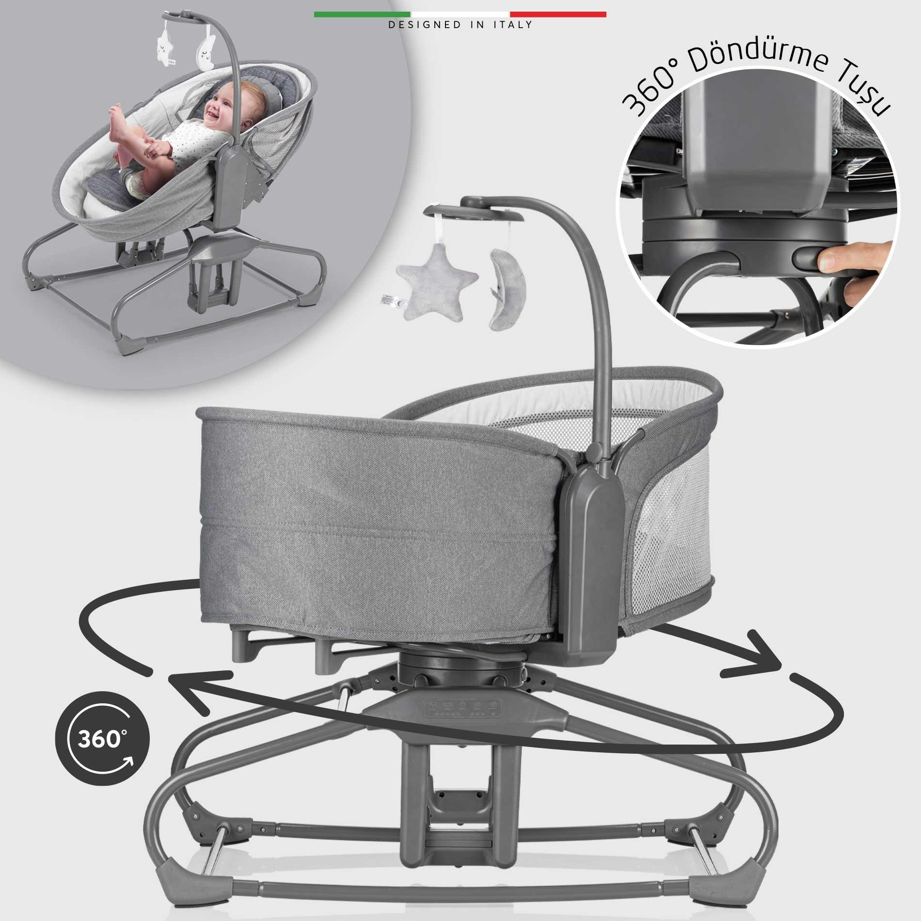 Elele Verde Elektrikli Otomatik Sallanan Ana Kucağı Beşik 360° Dönebilir Kademeli Gri