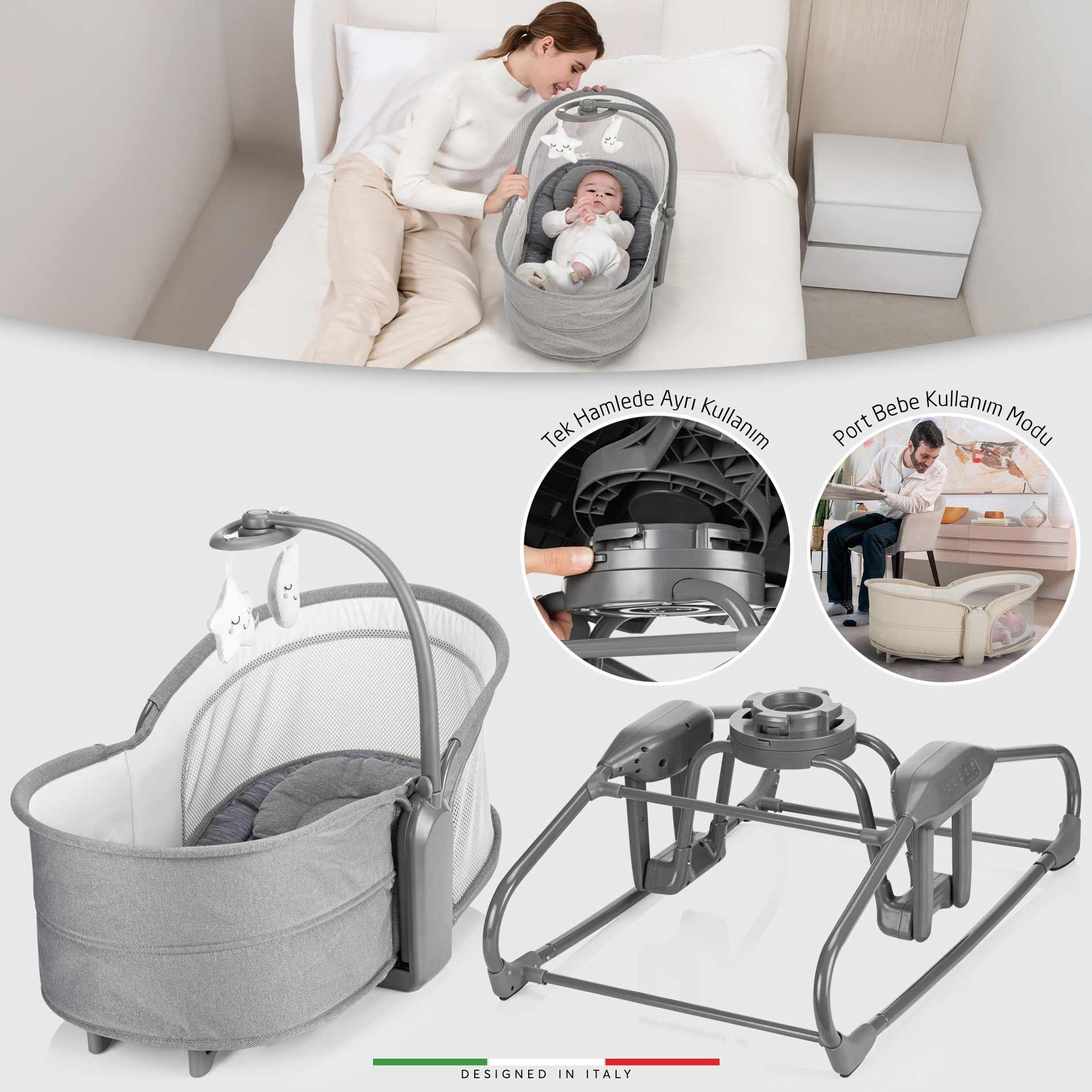 Elele Verde Elektrikli Otomatik Sallanan Ana Kucağı Beşik 360° Dönebilir Kademeli Gri