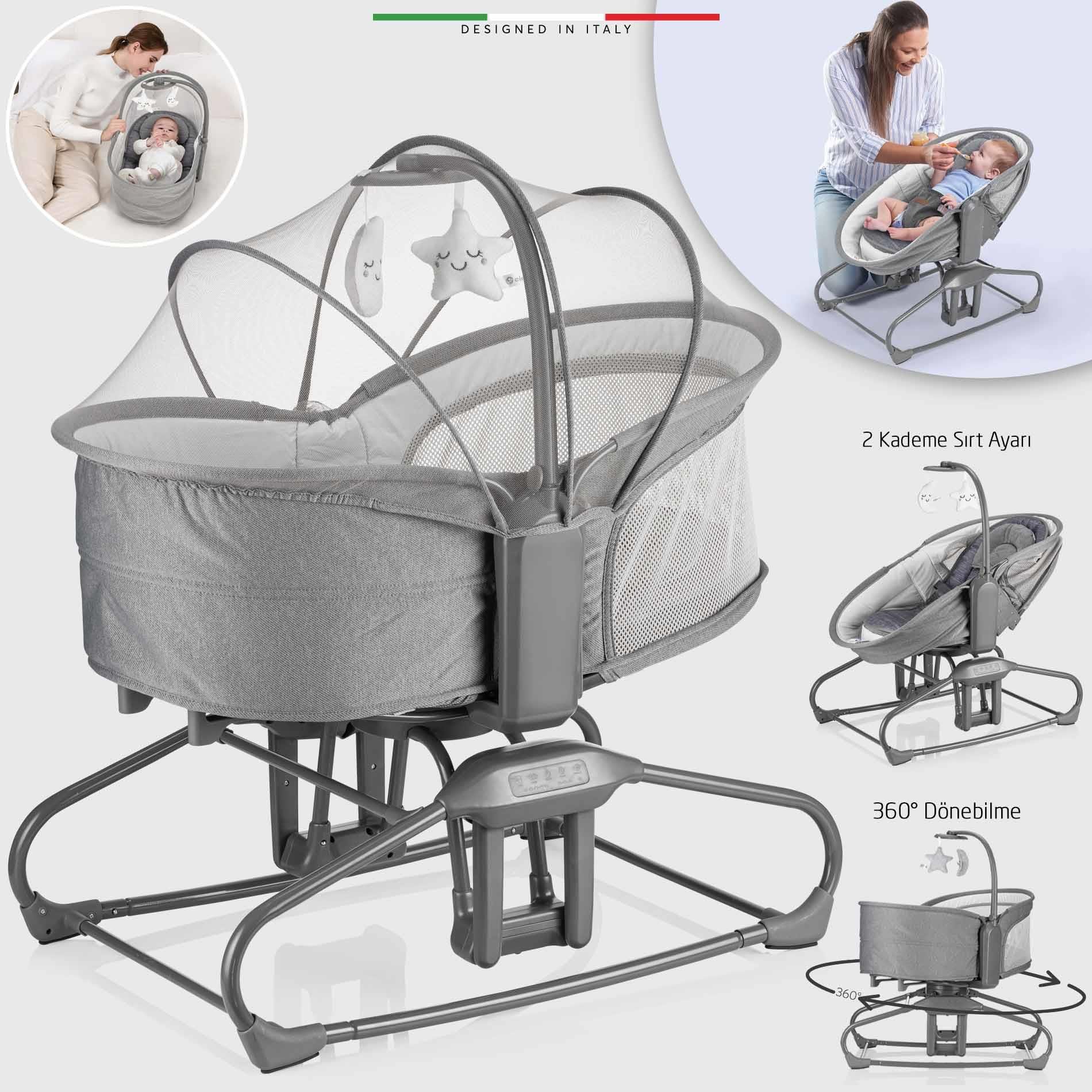 Elele Verde Elektrikli Otomatik Sallanan Ana Kucağı Beşik 360° Dönebilir Kademeli Gri