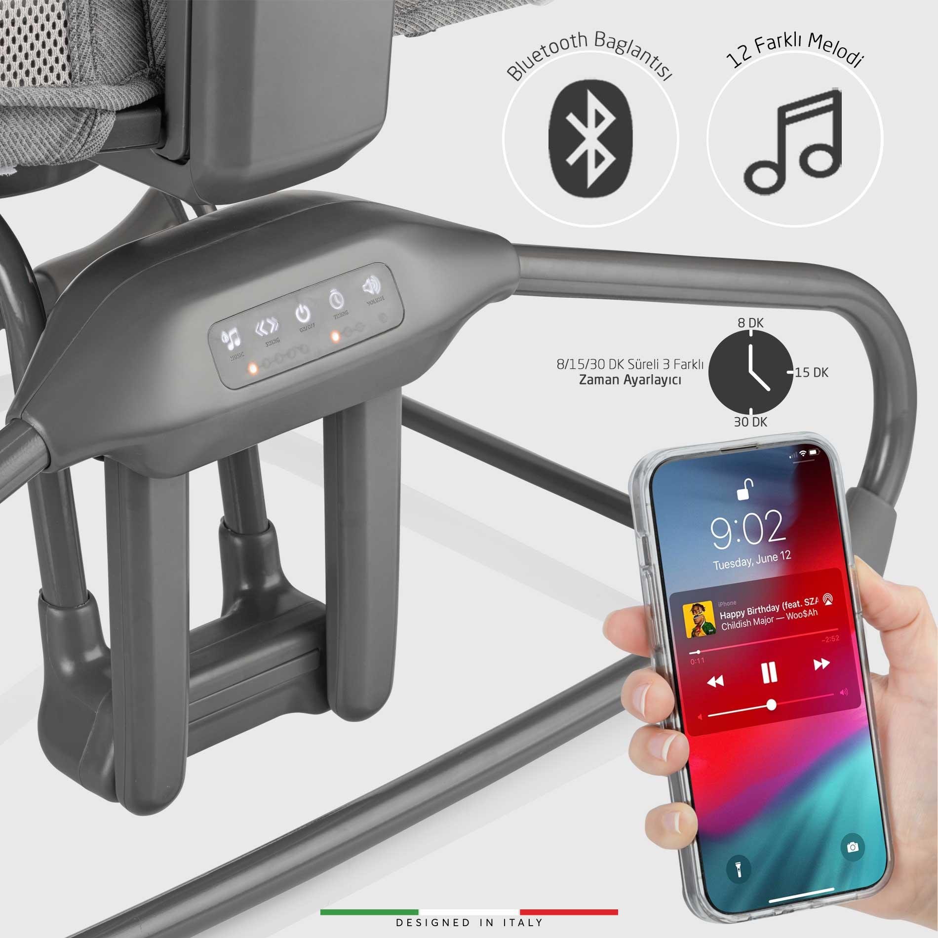 Elele Verde Elektrikli Otomatik Sallanan Ana Kucağı Beşik 360° Dönebilir Kademeli Gri