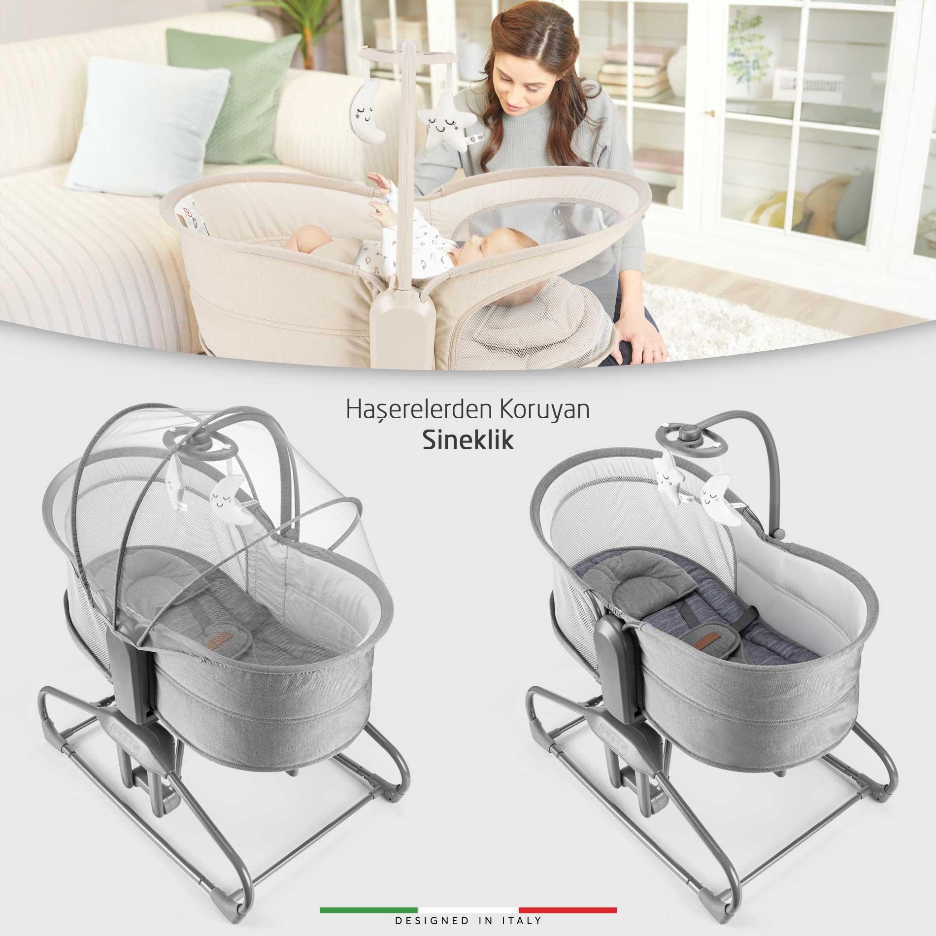 Elele Verde Elektrikli Otomatik Sallanan Ana Kucağı Beşik 360° Dönebilir Kademeli Gri