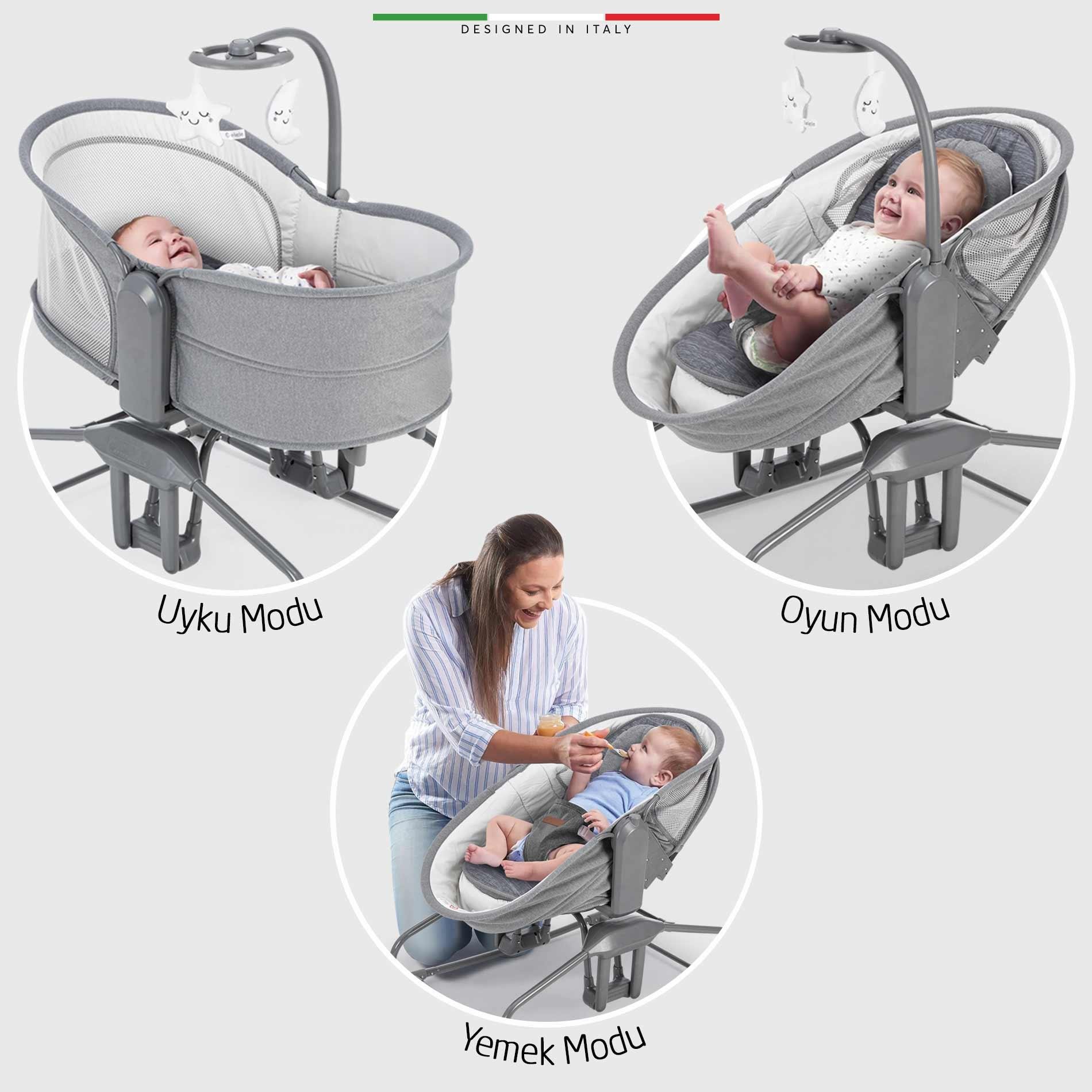 Elele Verde Elektrikli Otomatik Sallanan Ana Kucağı Beşik 360° Dönebilir Kademeli Gri