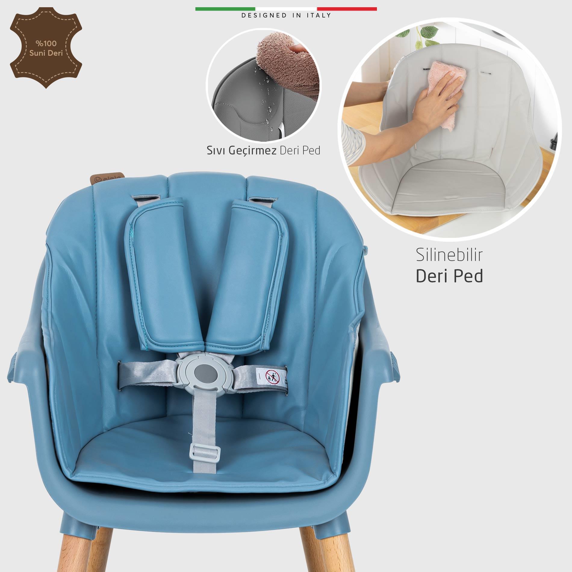 Elele Verona 4in1 Ahşap Bebek Mama Sandalyesi ve Mama Oturağı Deri Pedli Mavi