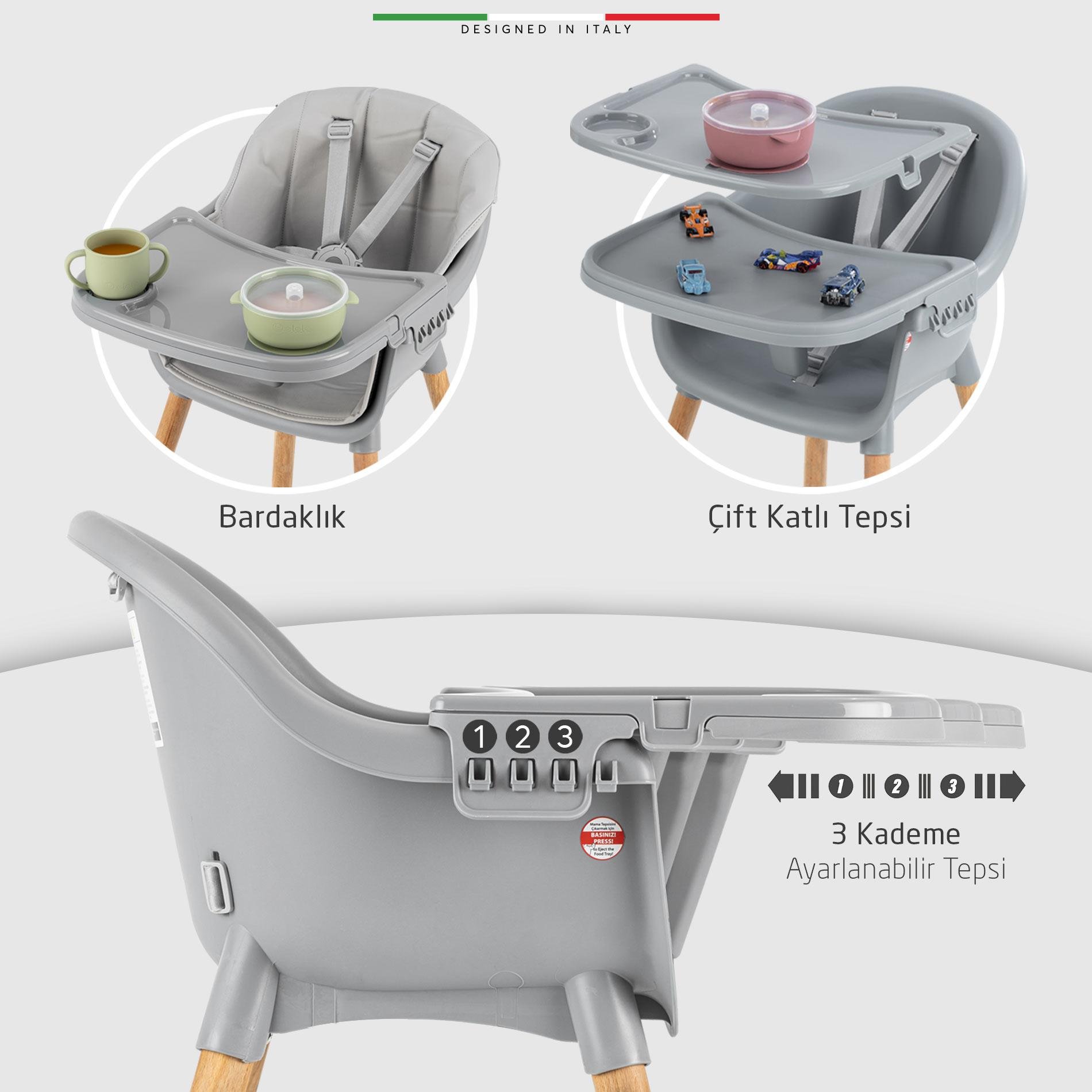 Elele Verona 4in1 Ahşap Bebek Mama Sandalyesi ve Mama Oturağı Deri Pedli Gri