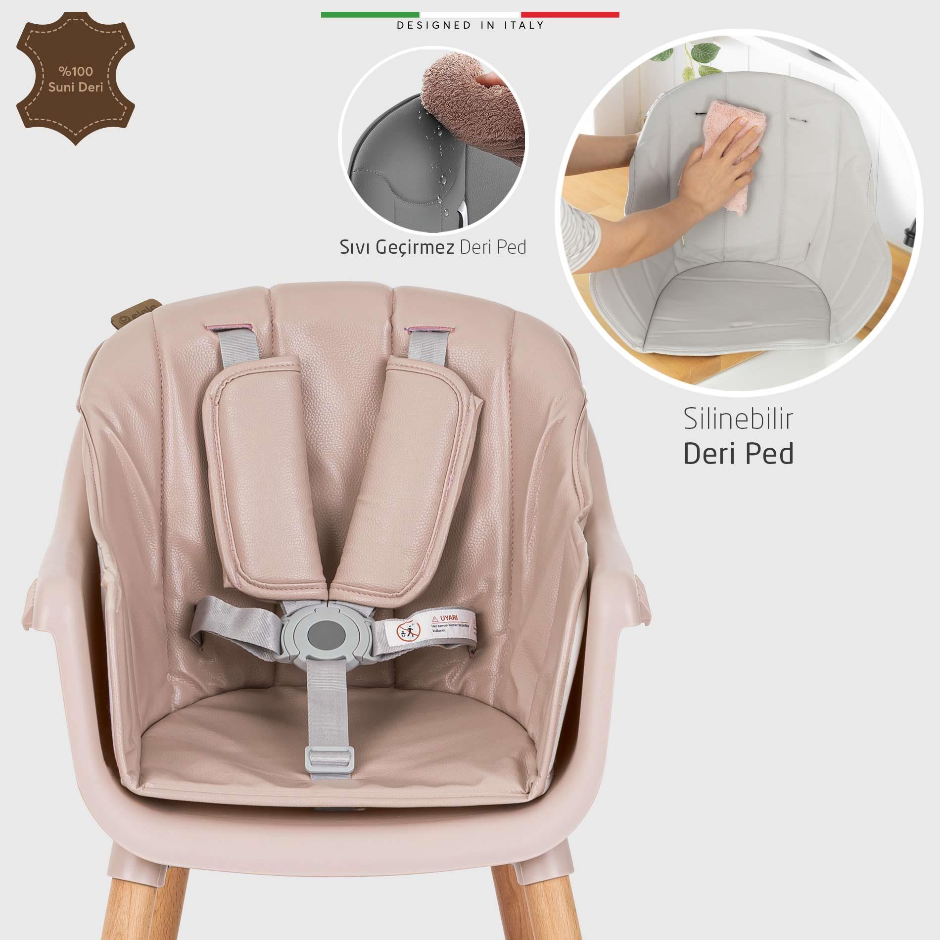 Elele Verona 4in1 Ahşap Bebek Mama Sandalyesi ve Mama Oturağı Deri Pedli Pudra