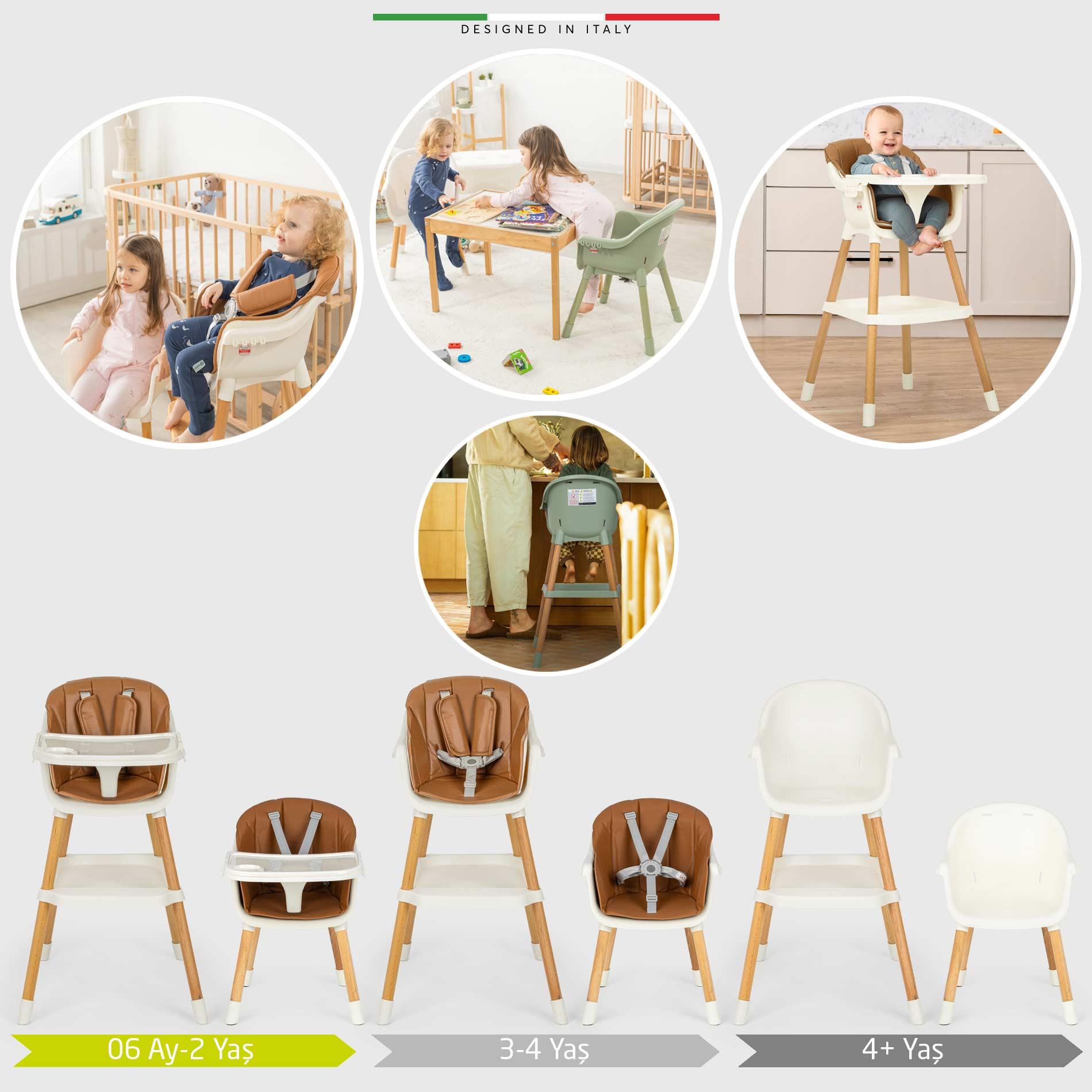 Elele Verona 4in1 Ahşap Bebek Mama Sandalyesi ve Mama Oturağı Deri Pedli Ekru