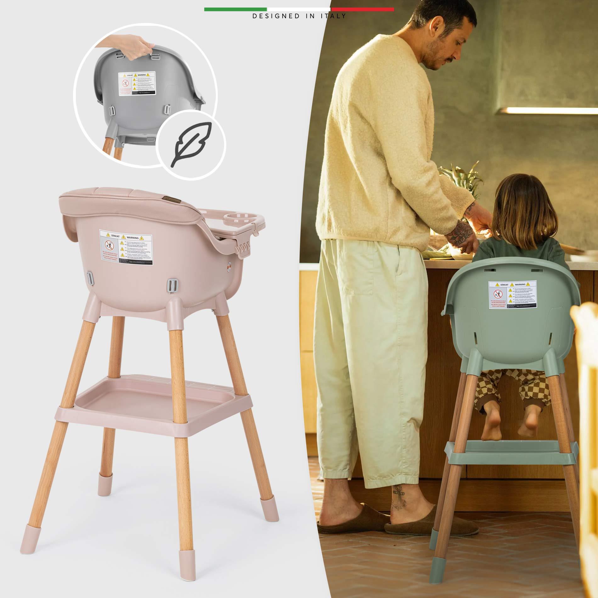 Elele Verona 4in1 Ahşap Bebek Mama Sandalyesi ve Mama Oturağı Deri Pedli Pudra