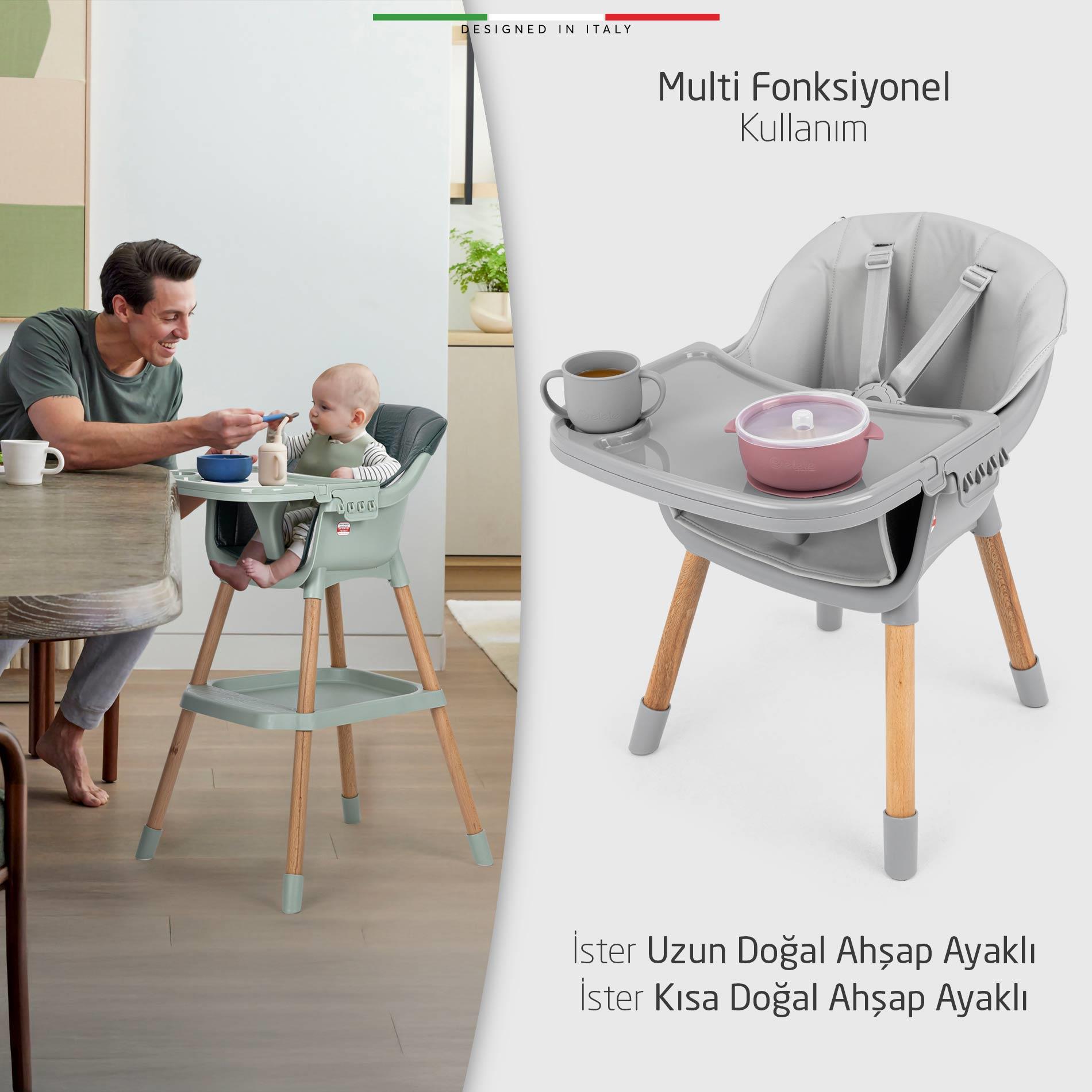 Elele Verona 4in1 Ahşap Bebek Mama Sandalyesi ve Mama Oturağı Deri Pedli Mavi