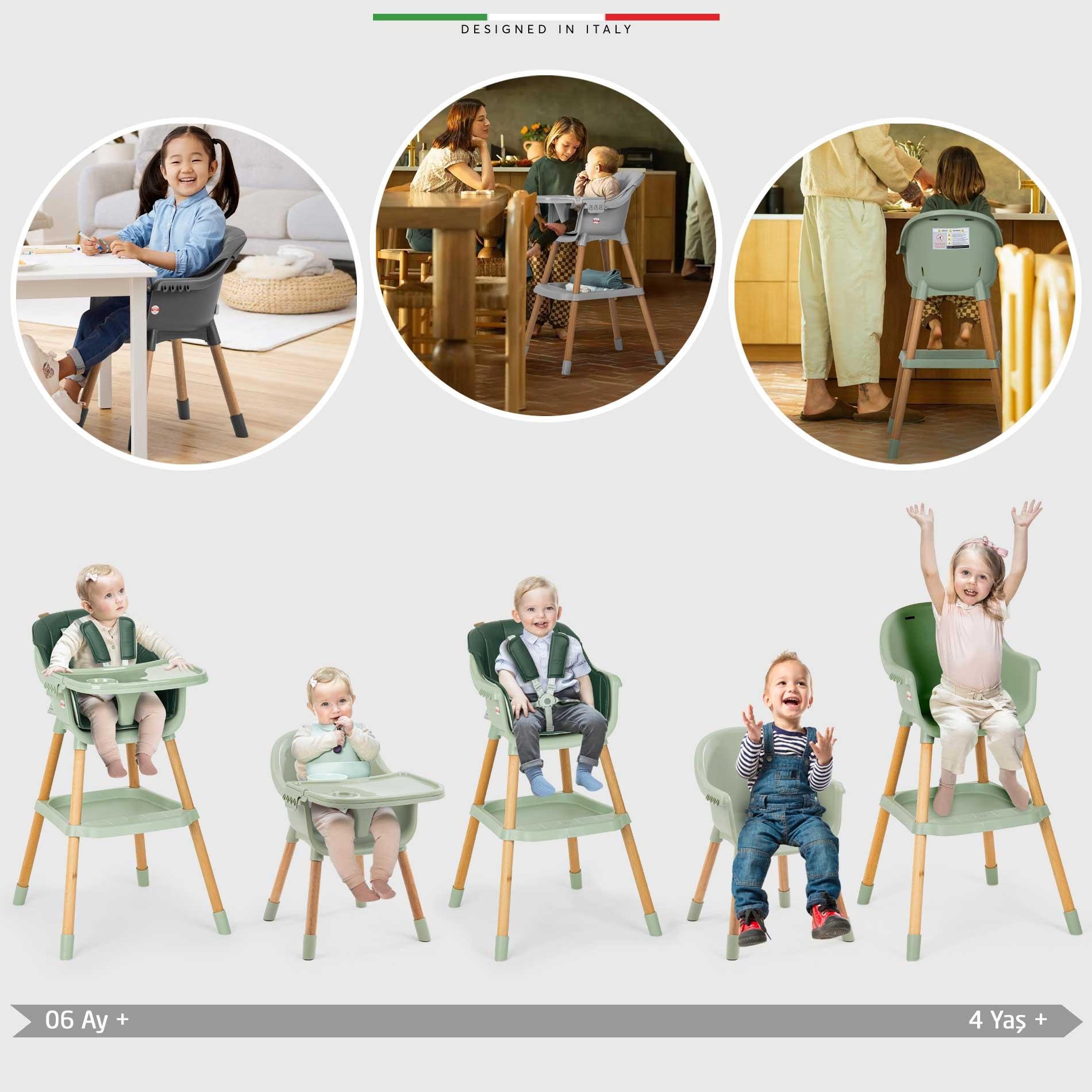 Elele Verona 4in1 Ahşap Bebek Mama Sandalyesi ve Mama Oturağı Deri Pedli Pudra