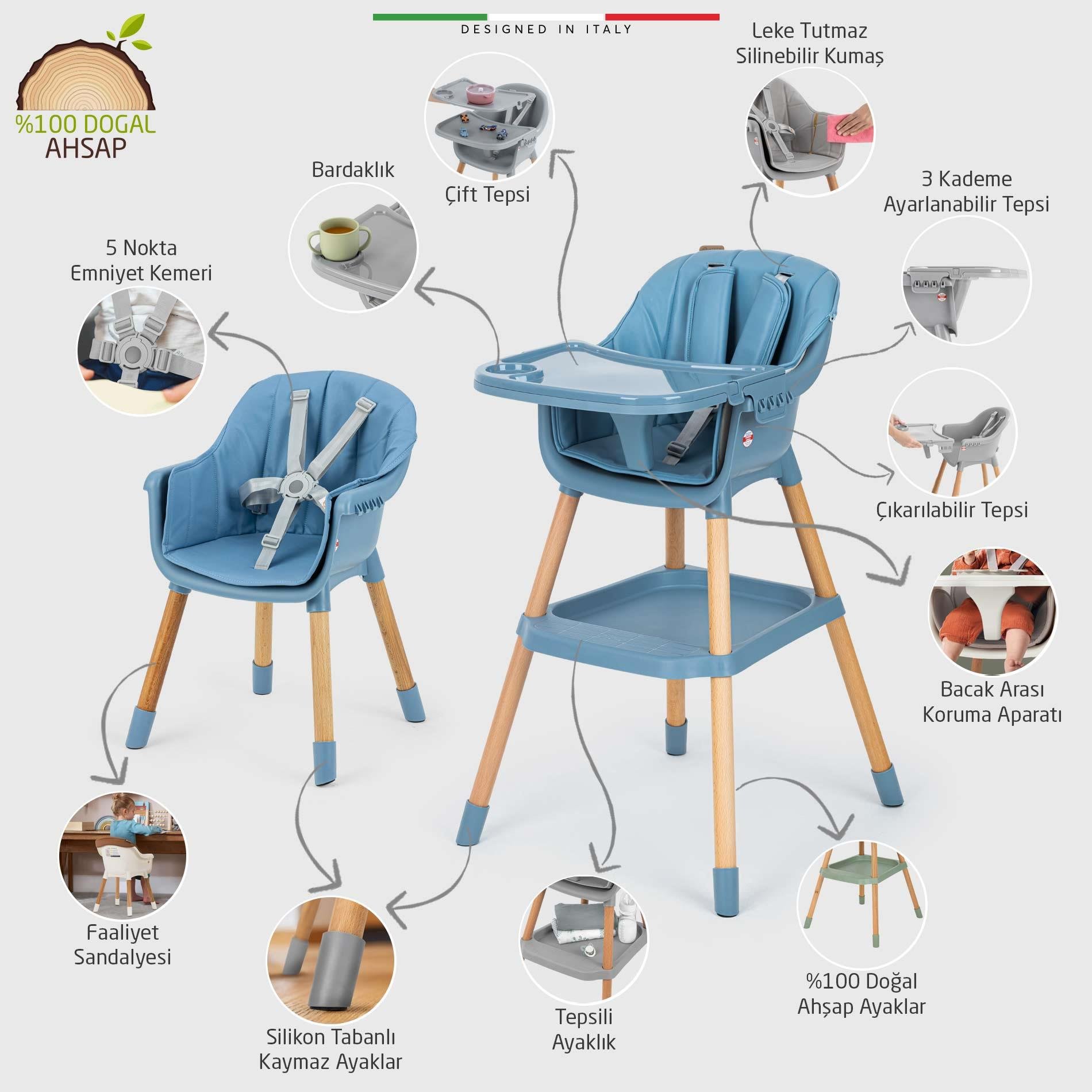 Elele Verona 4in1 Ahşap Bebek Mama Sandalyesi ve Mama Oturağı Deri Pedli Mavi