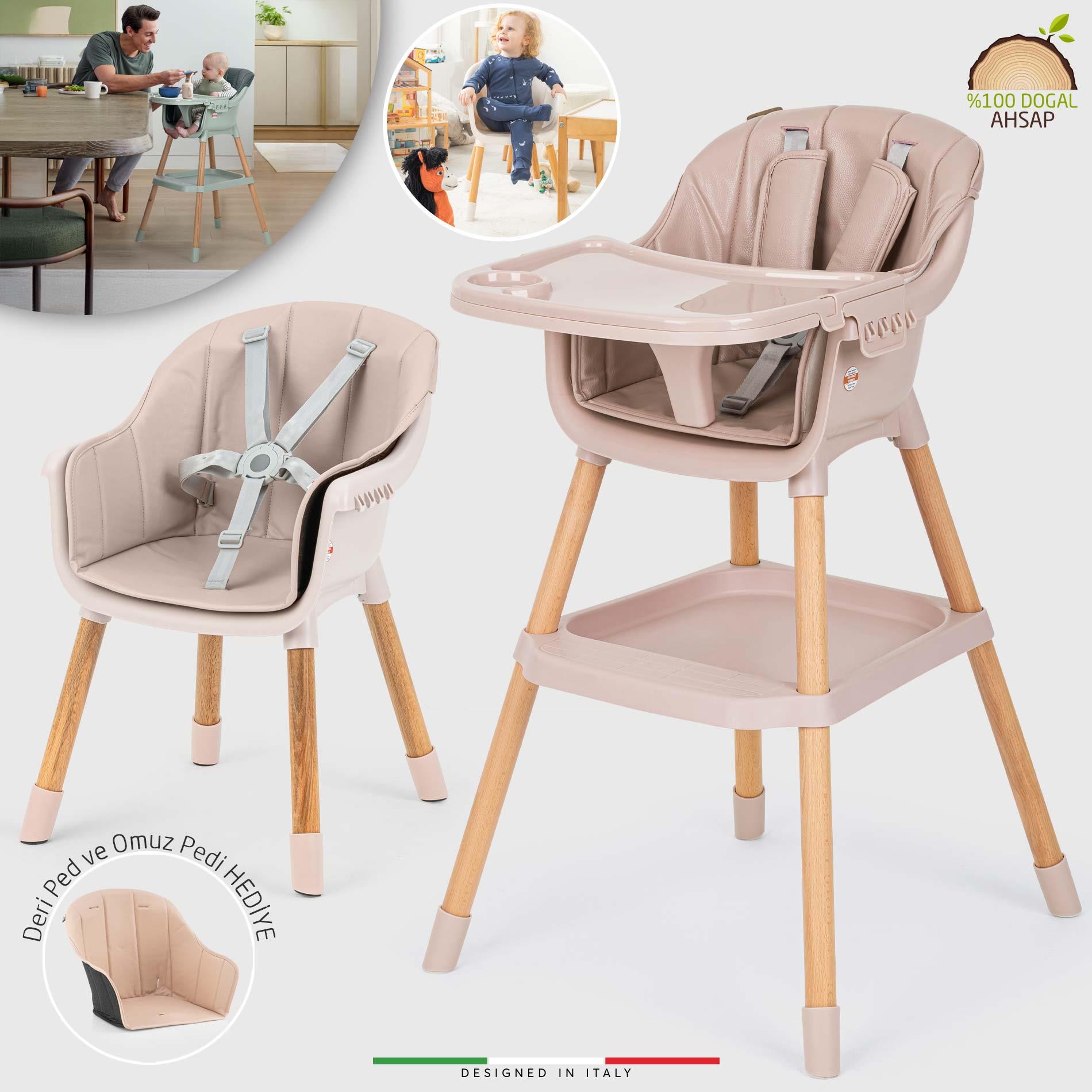 Elele Verona 4in1 Ahşap Bebek Mama Sandalyesi ve Mama Oturağı Deri Pedli Pudra