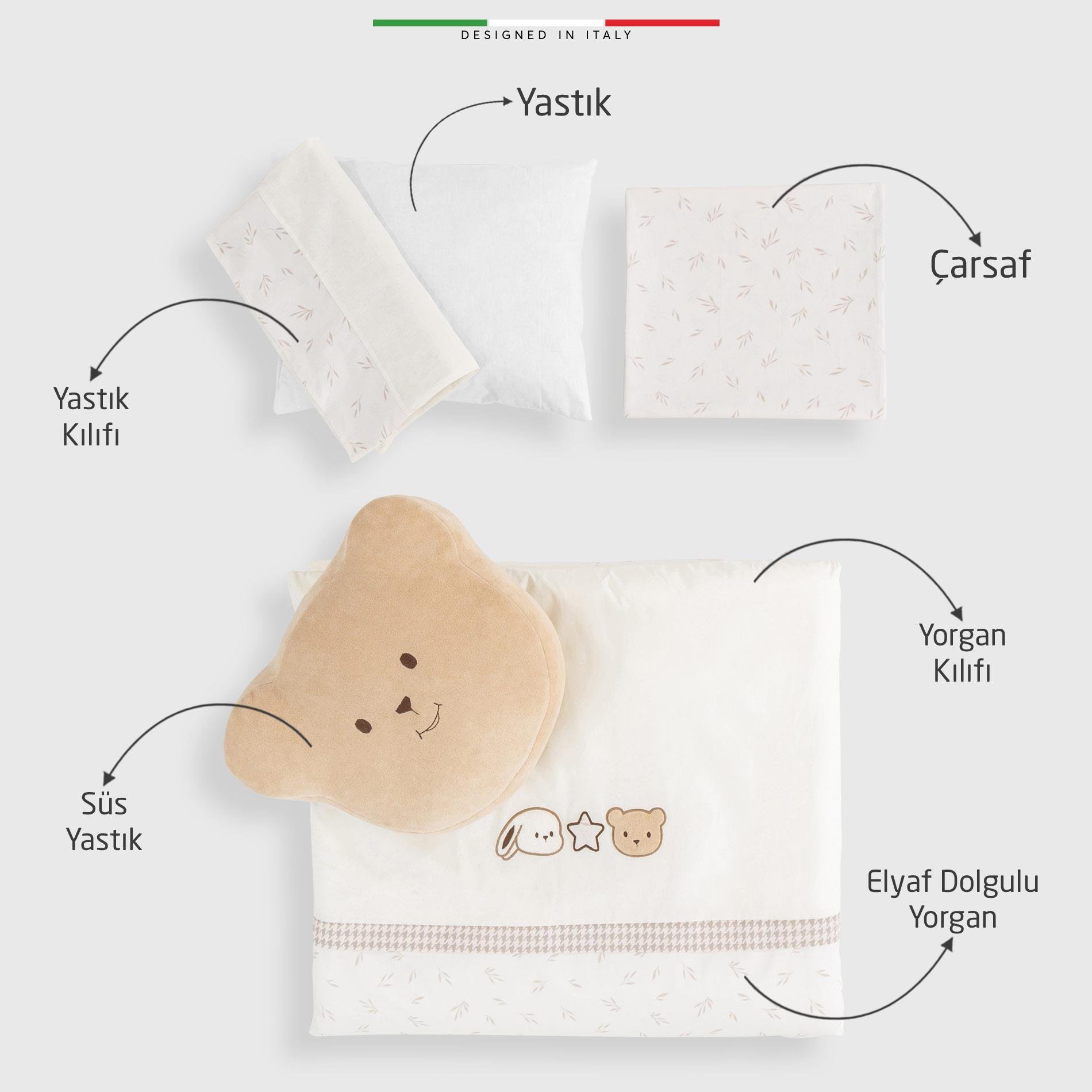 EleleLife Baby Bear 6 Parça Oyun Parkı Park Yatak Bebek Uyku Seti Bej