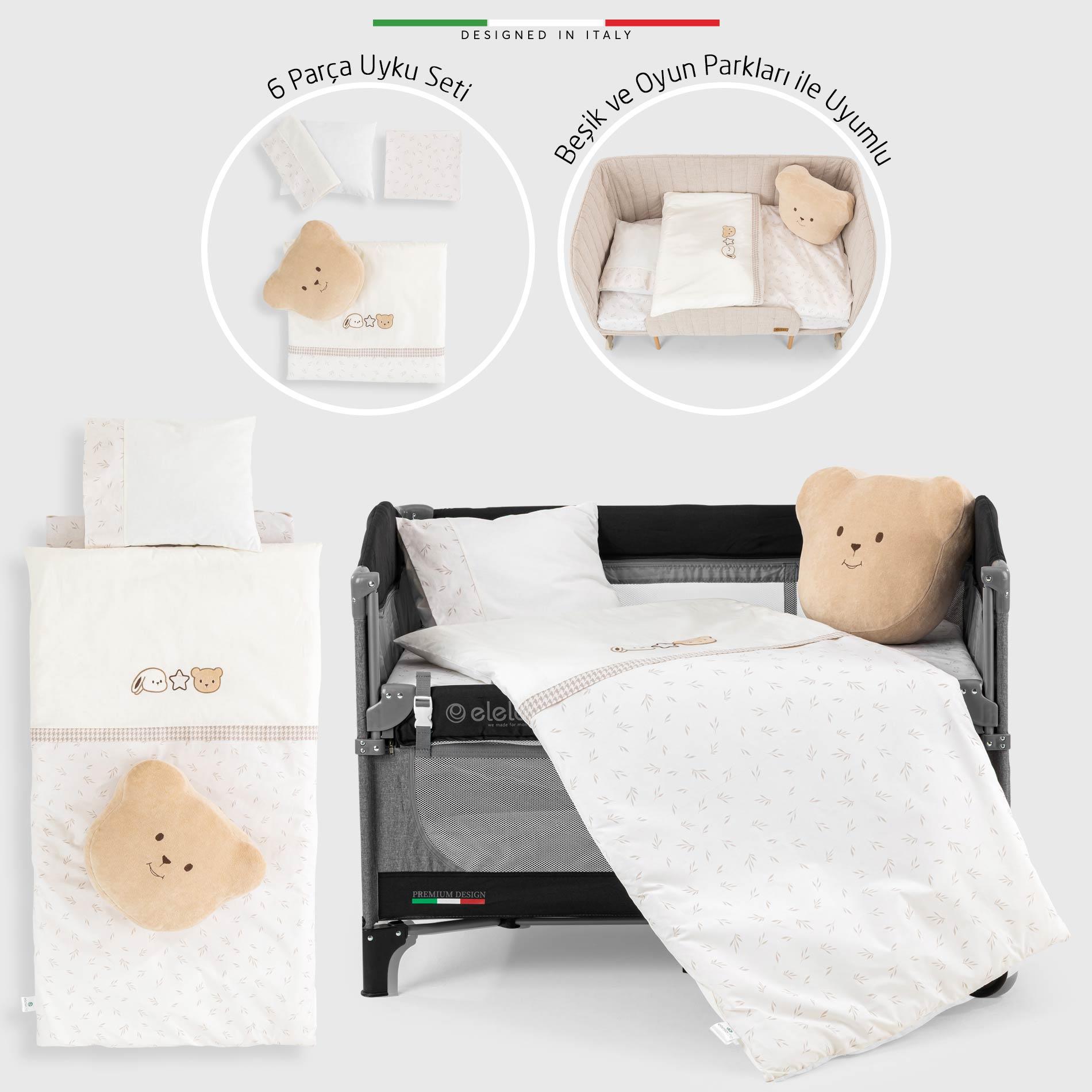 EleleLife Baby Bear 6 Parça Oyun Parkı Park Yatak Bebek Uyku Seti Bej
