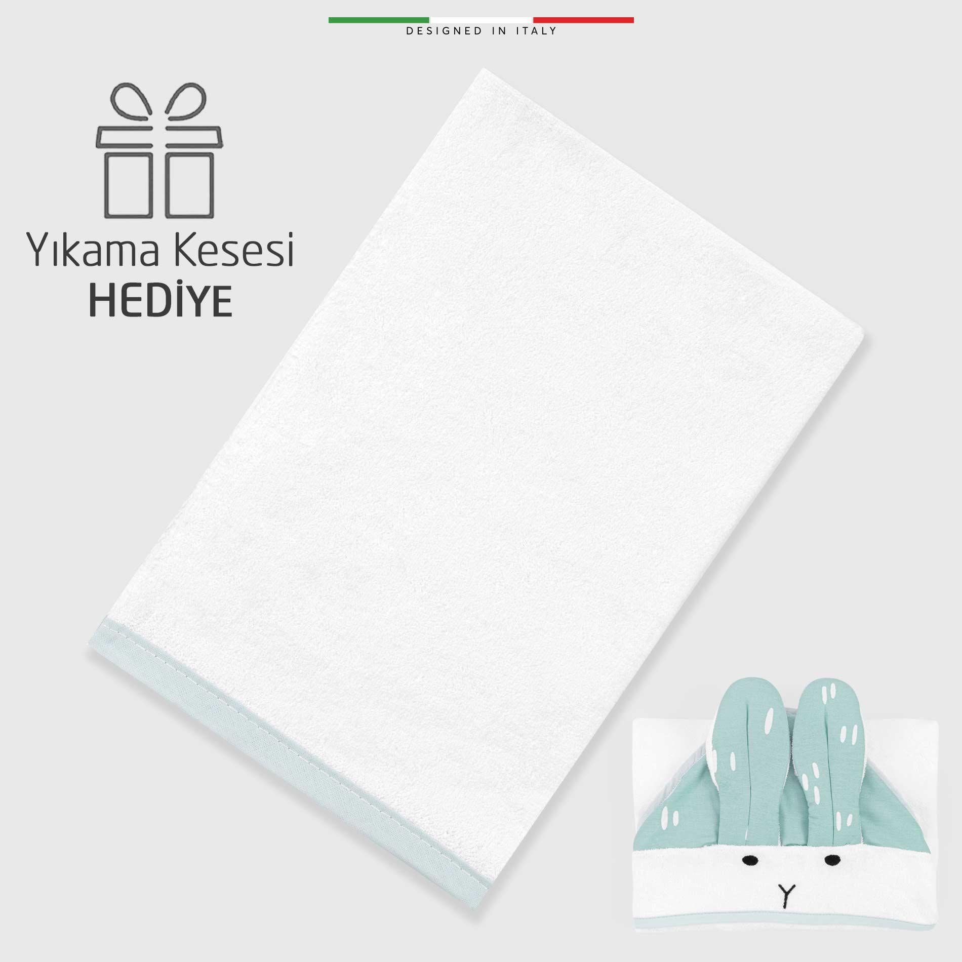 EleleLife Bagno Pamuk Kapüşonlu Bebek Banyo Havlu Kundak Tavşan Figürlü 90x90 cm Mint