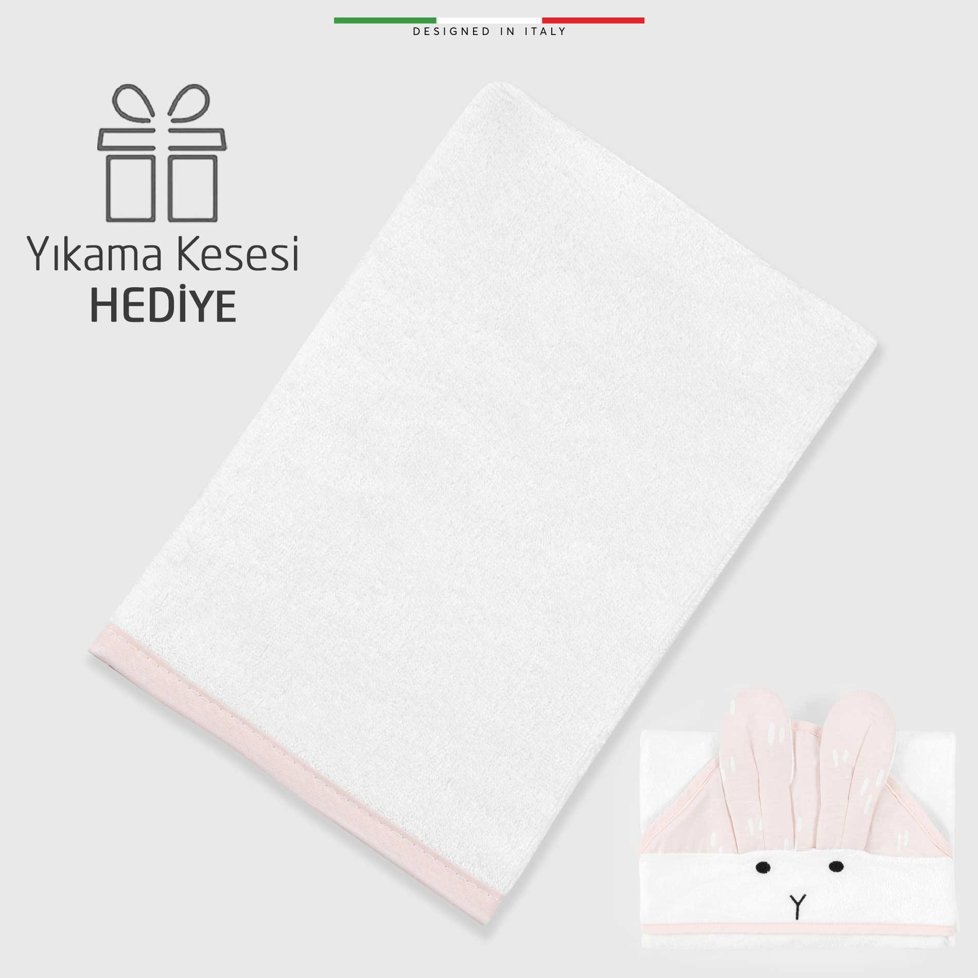 EleleLife Bagno Pamuk Kapüşonlu Bebek Banyo Havlu Kundak Tavşan Figürlü 90x90 cm Pudra