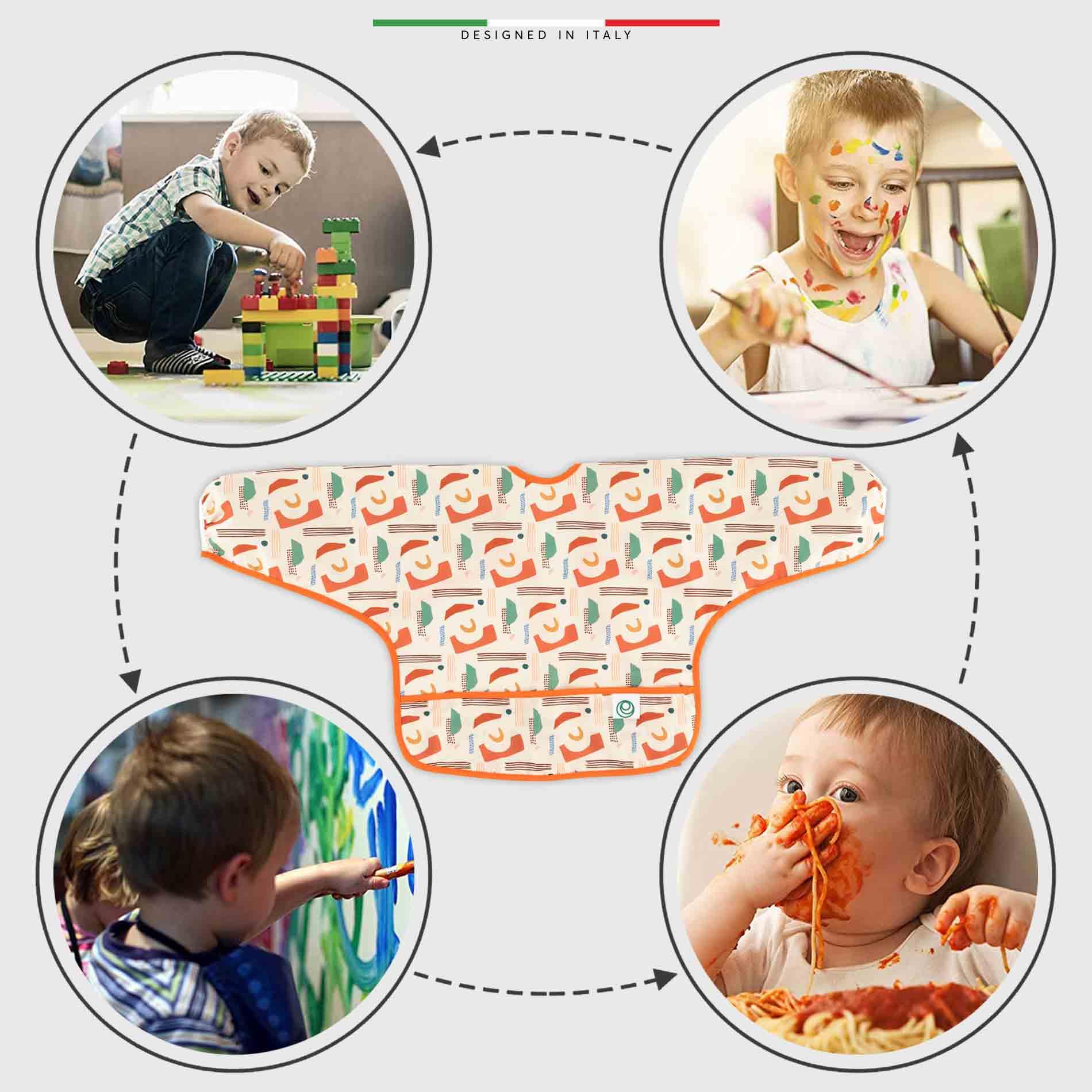 EleleLife Bebek Faaliyet ve Mama Önlüğü Sıvı Geçirmez Leke Tutmaz Cepli Uzun Kollu 6-24 Ay Shapes