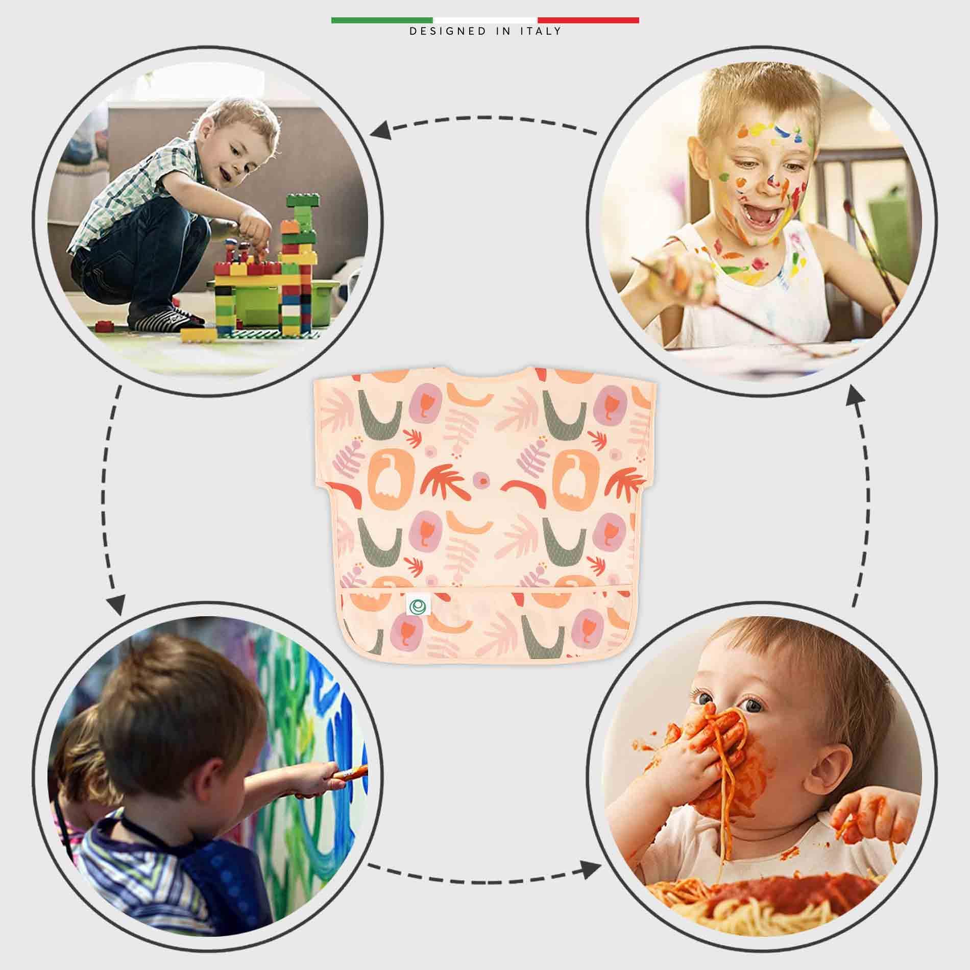 EleleLife Bebek Mama Önlüğü Sıvı Geçirmez Leke Tutmaz Cepli Kısa Kollu 12-36 Ay Fiore