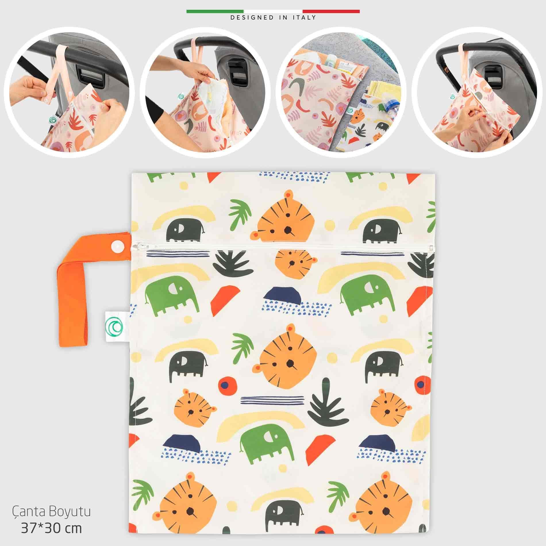 EleleLife Islak Kuru ve Kirli Bebek Çantası Sıvı Geçirmez XL Büyük Boy 37x30 cm Animals