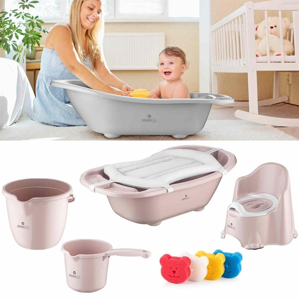EleleLife Lüks 6 Parça Giderli Bebek Banyo Seti ve Küvet Seti Pudra 