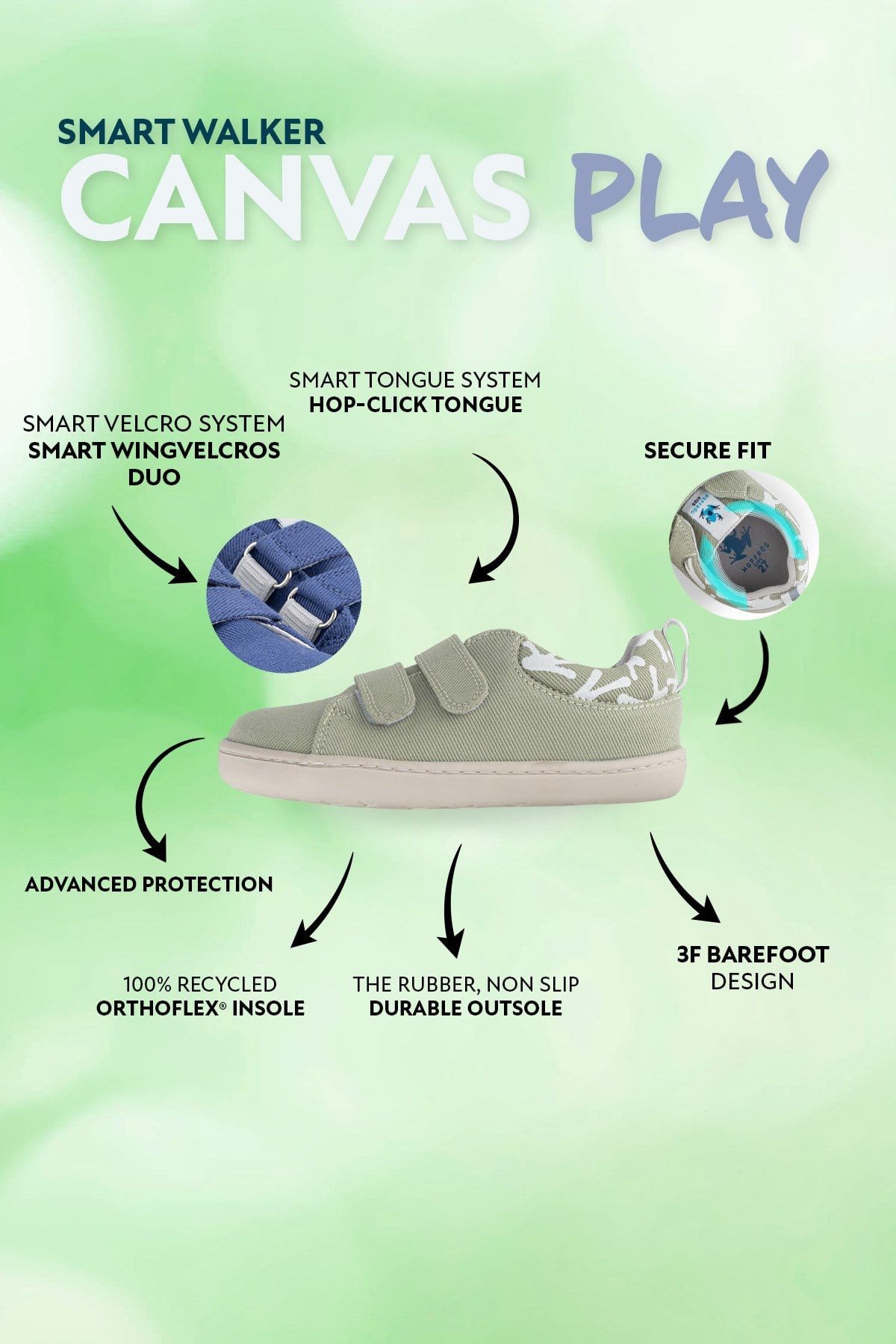 Smart Walker Canvas Play Eco Su Yeşili Barefoot Çocuk Ayakkabı
