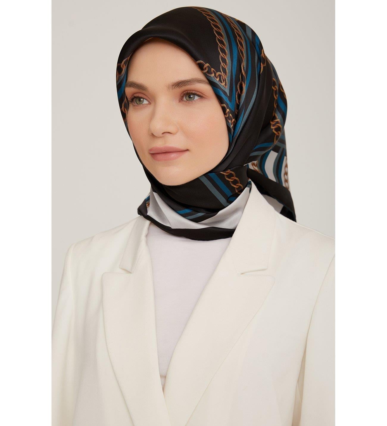 Armine İpek Eşarp 2023 Kış - 8845-50 Siyah Petrol Twill
