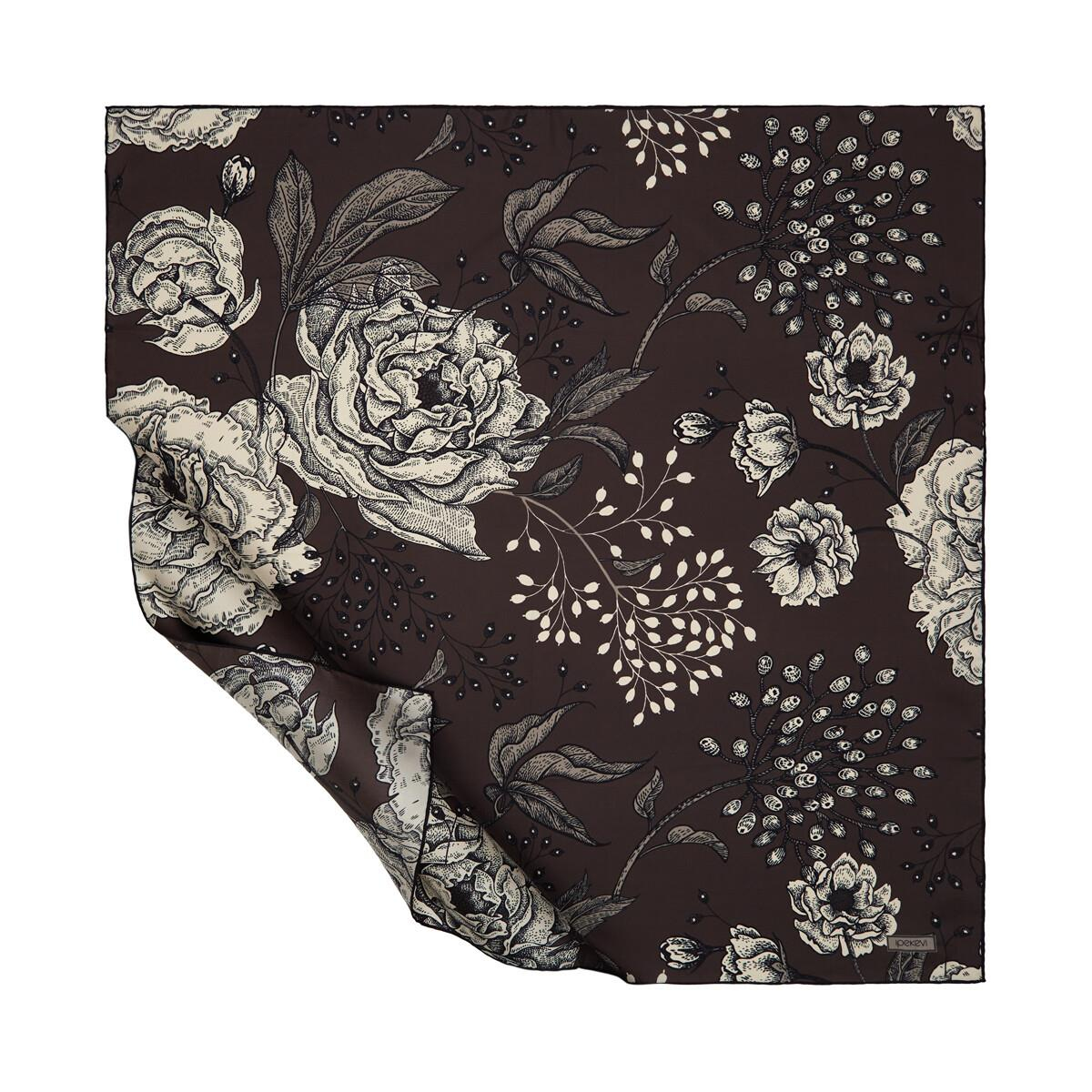İpekevi Twill İpek Eşarp - Rosa Desenli - Füme