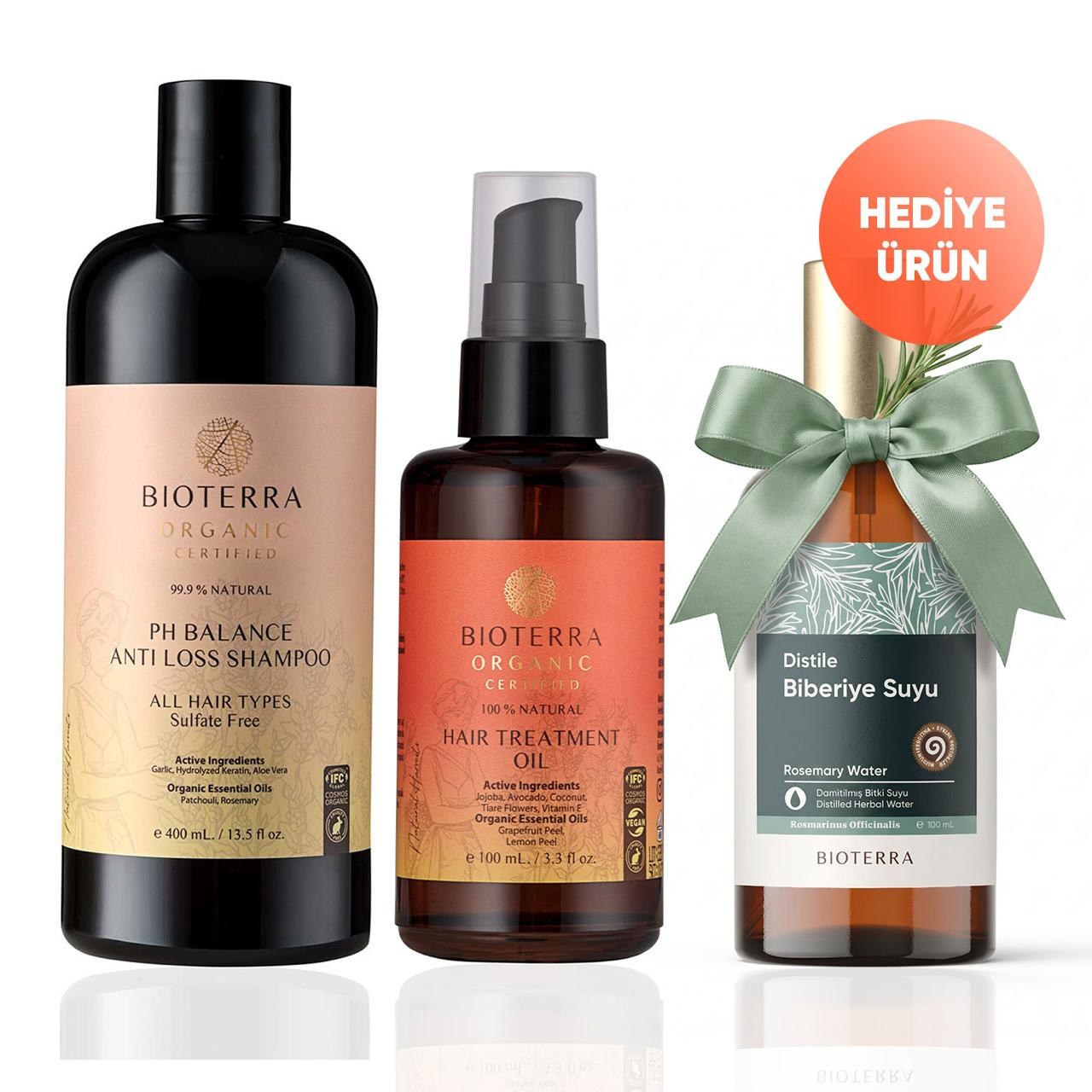 Bioterra pH Balance Saç Bakım Seti –Şampuan 400 ml + Hair Treatment Yoğun Saç Bakım Yağı 100 ml + Hediye Biberiye Suyu 100 ml