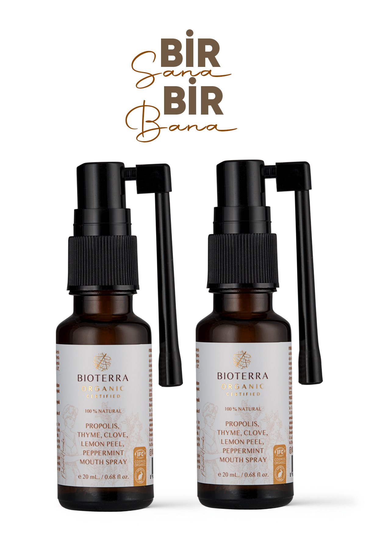 Organik Ağız Bakım Spreyi 2'li Set - Bir Sana Bir Bana Propolis, Kekik, Karanfil ve Naneli Ferahlatıcı Sprey 2x20 ml | Propolis Mouth Spray