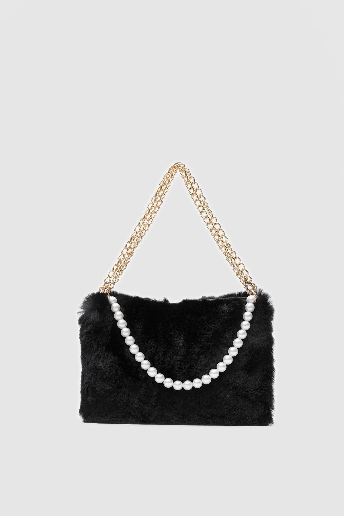 Partita İncili Peluş Çapraz Çanta Siyah