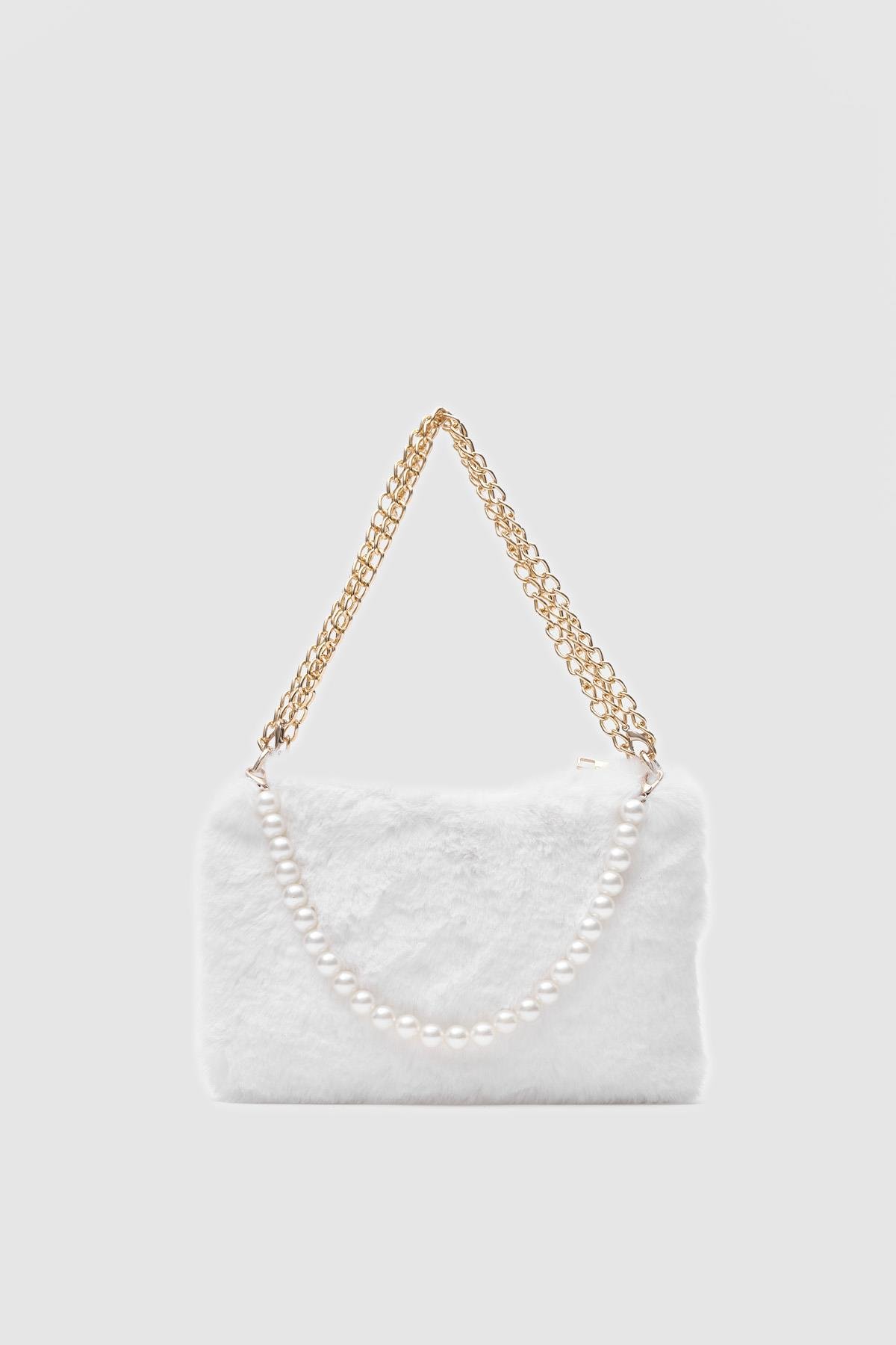 Partita İncili Peluş Çapraz Çanta Beyaz