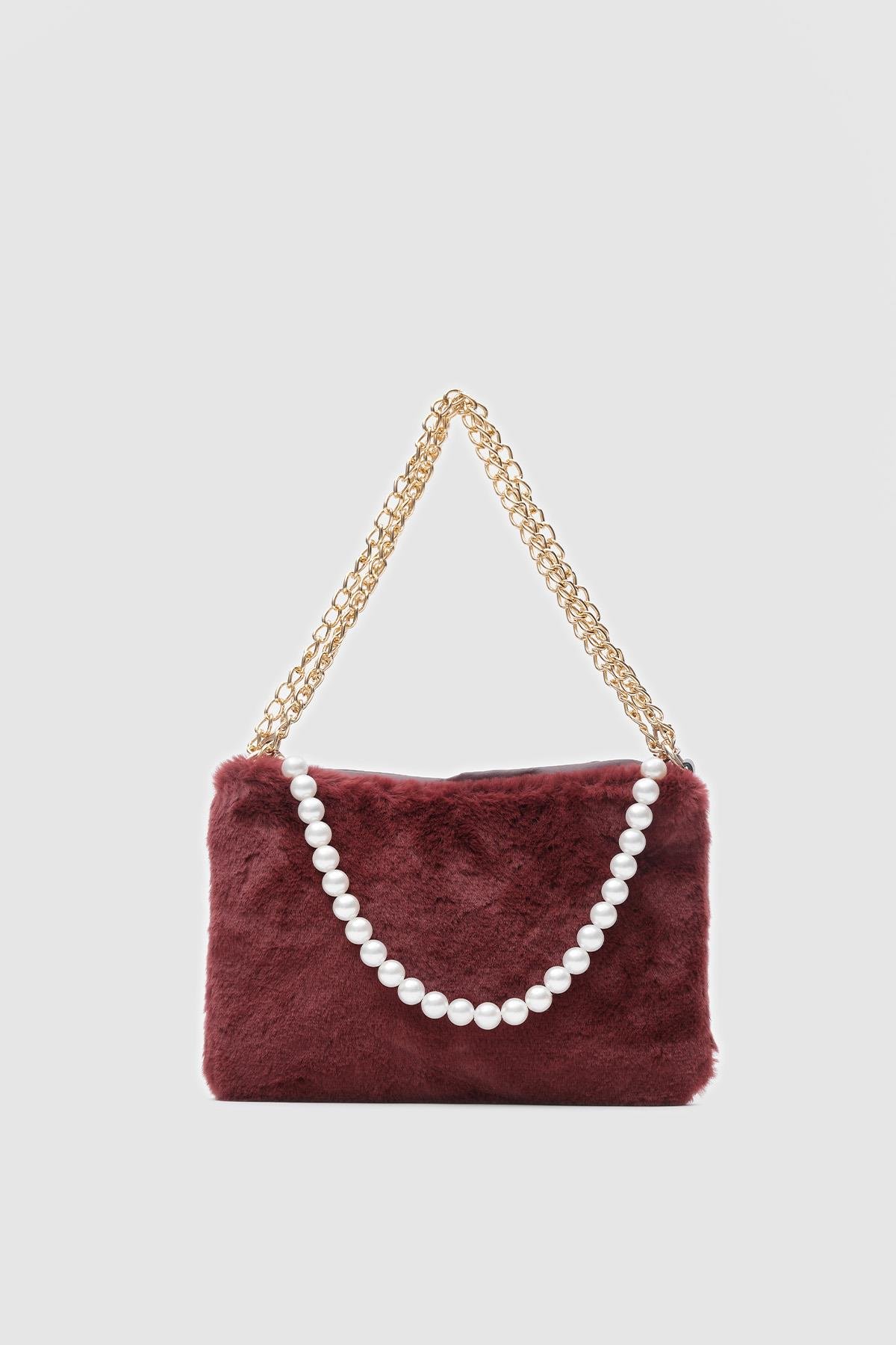 Partita İncili Peluş Çapraz Çanta Bordo