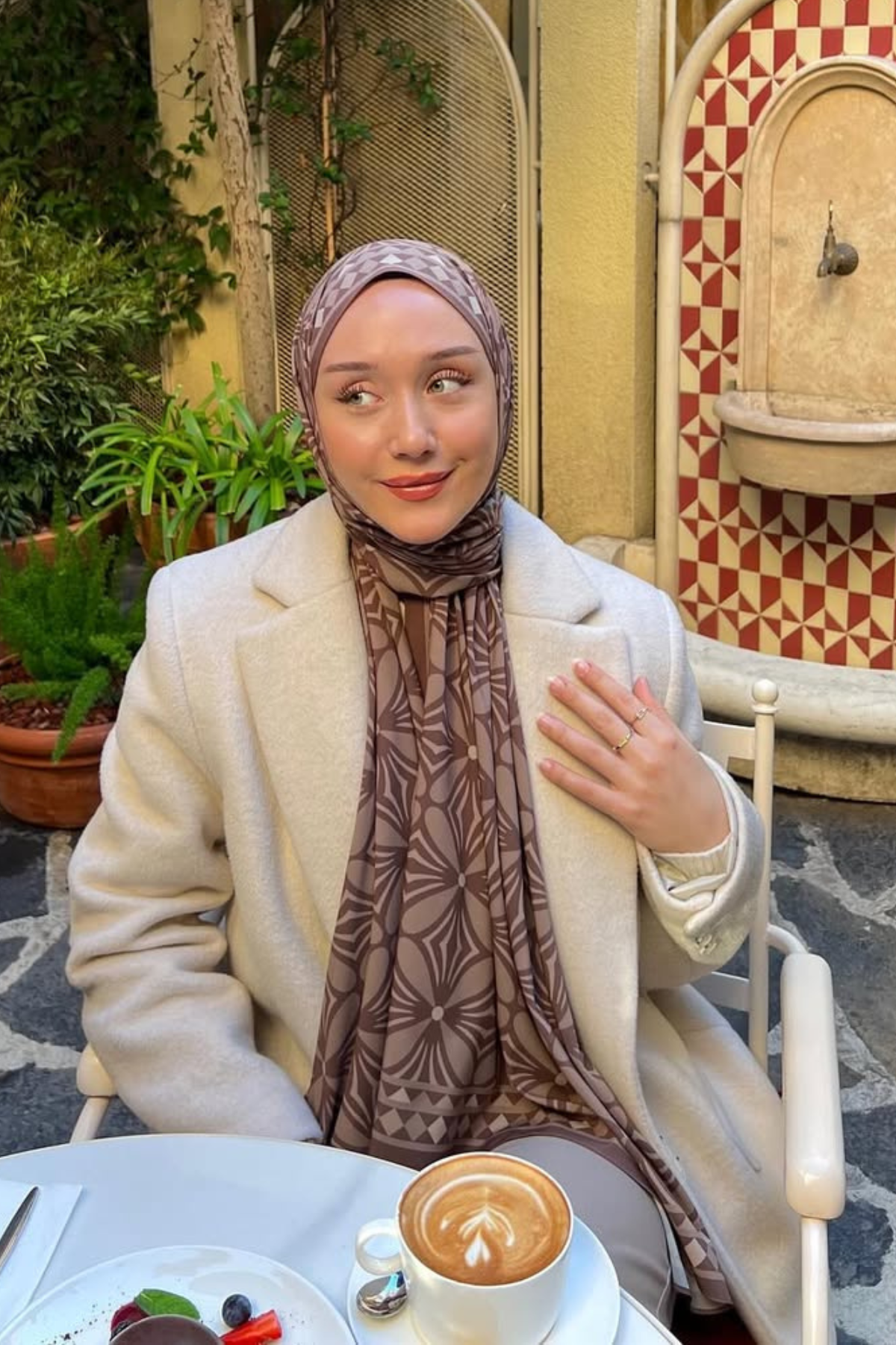 Acı Kahve Yonca Desen Pamuk Vual Şal