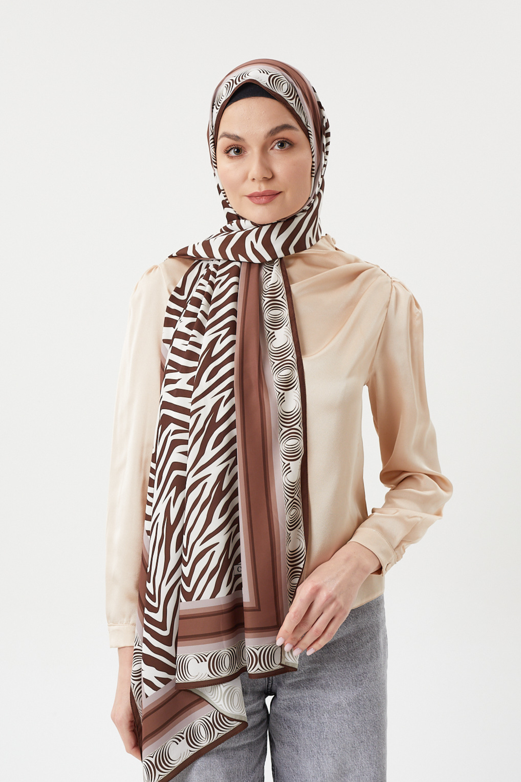 Acı Kahve Zebra Desen İpek Şal