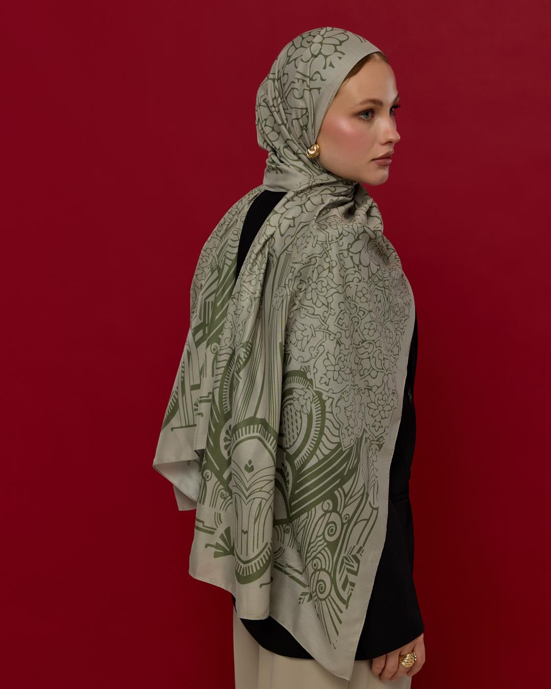 Badem Kremi & Zeytin Yeşili Harem Rüyası Desen Şal
