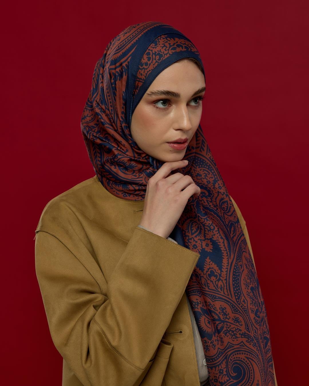 Bakır & Gece Laciverti Sultani Desen Şal