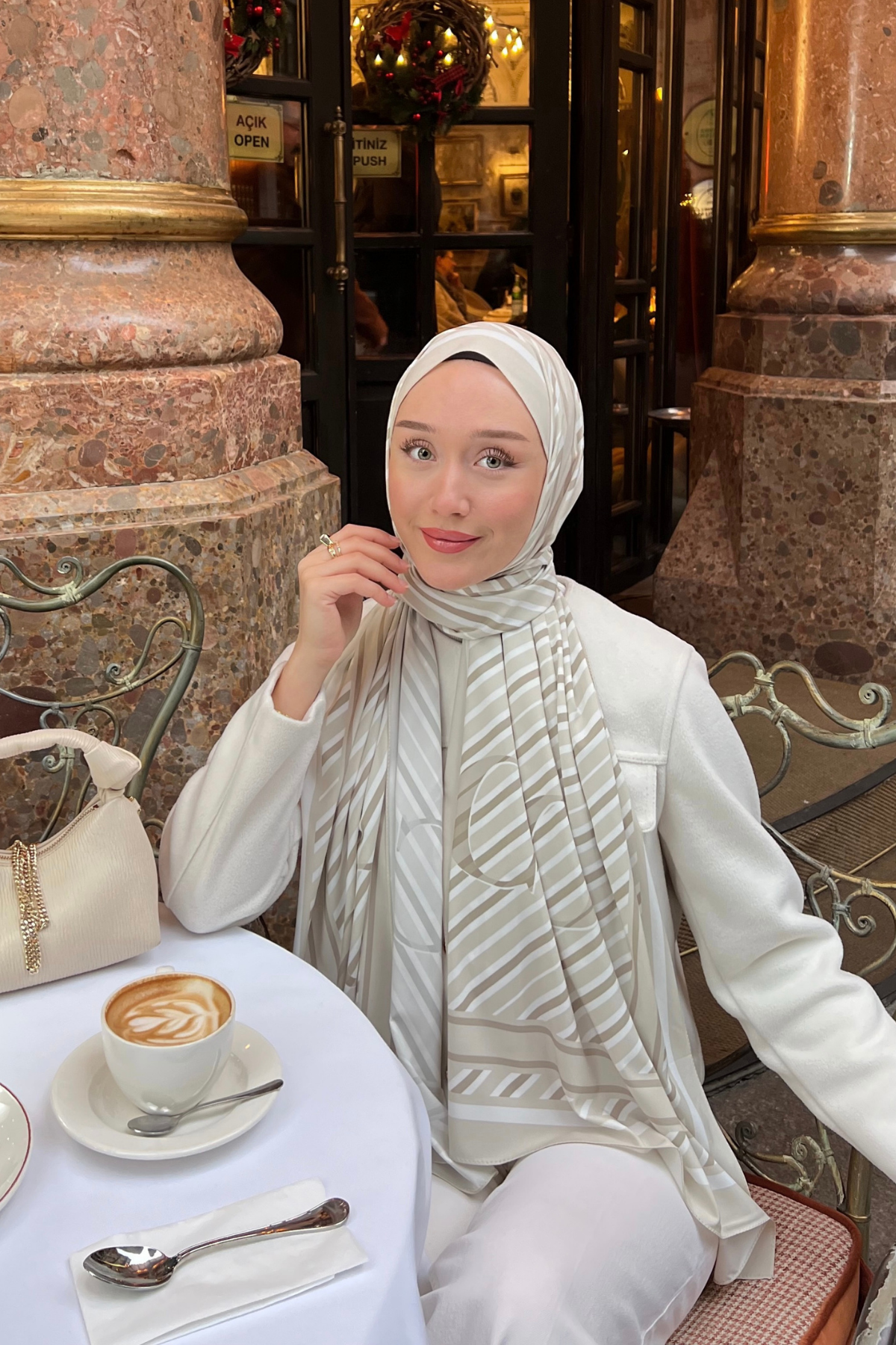 Bej Çizgi Desen Pamuk Vual Şal