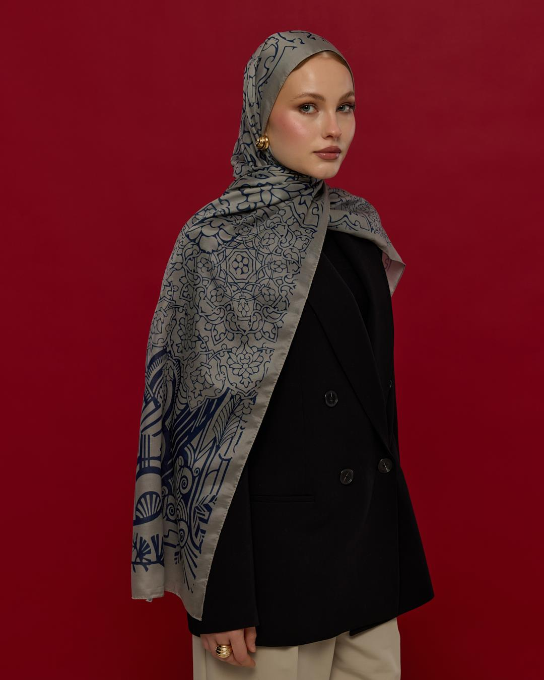 Bej & Lacivert Harem Rüyası Desen Şal