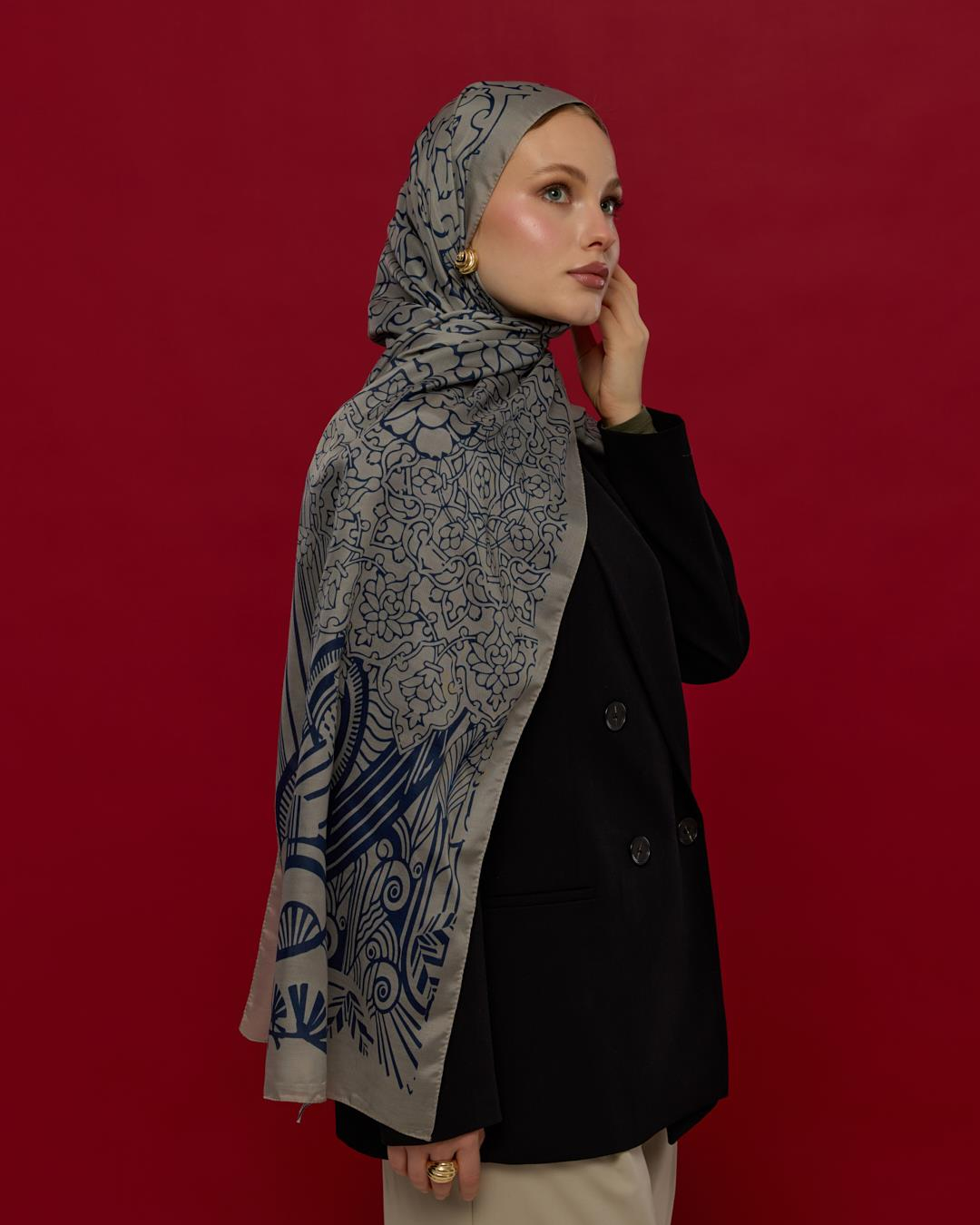 Bej & Lacivert Harem Rüyası Desen Şal