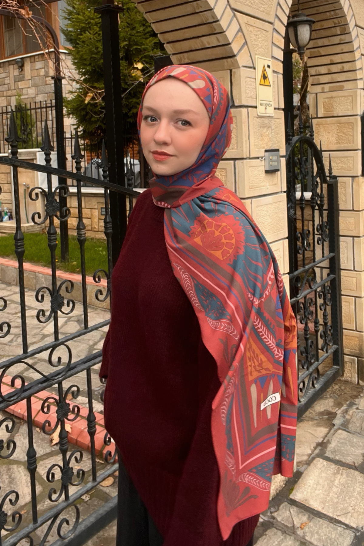 Bordo & Lacivert Zümra Desen Pamuk Vual Şal