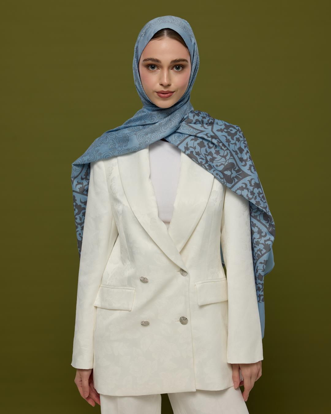 Buz Mavisi & Füme Kahve Saraylı Desen Şal