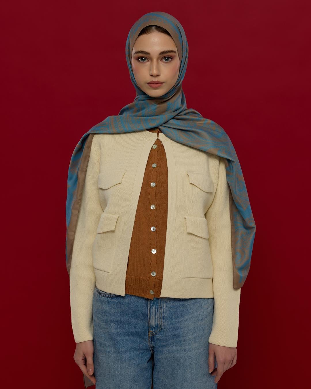 Çakıl Mavisi & Tarçın Dumanı Sultani Desen Şal