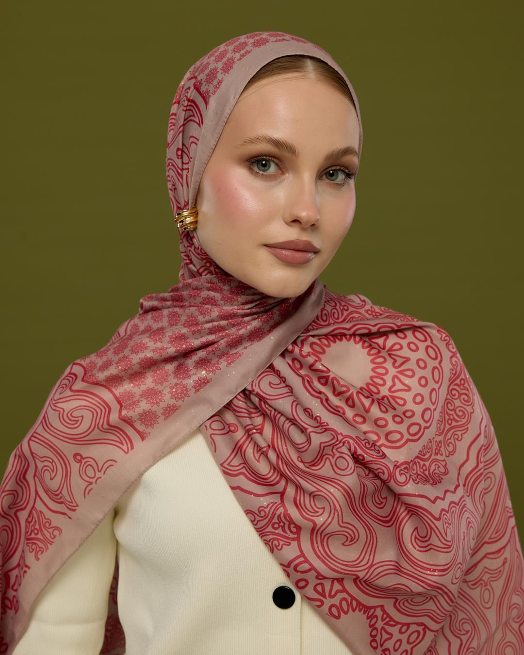 Fildişi & Gülkurusu Bala Hatun Desen Işıltılı Şal