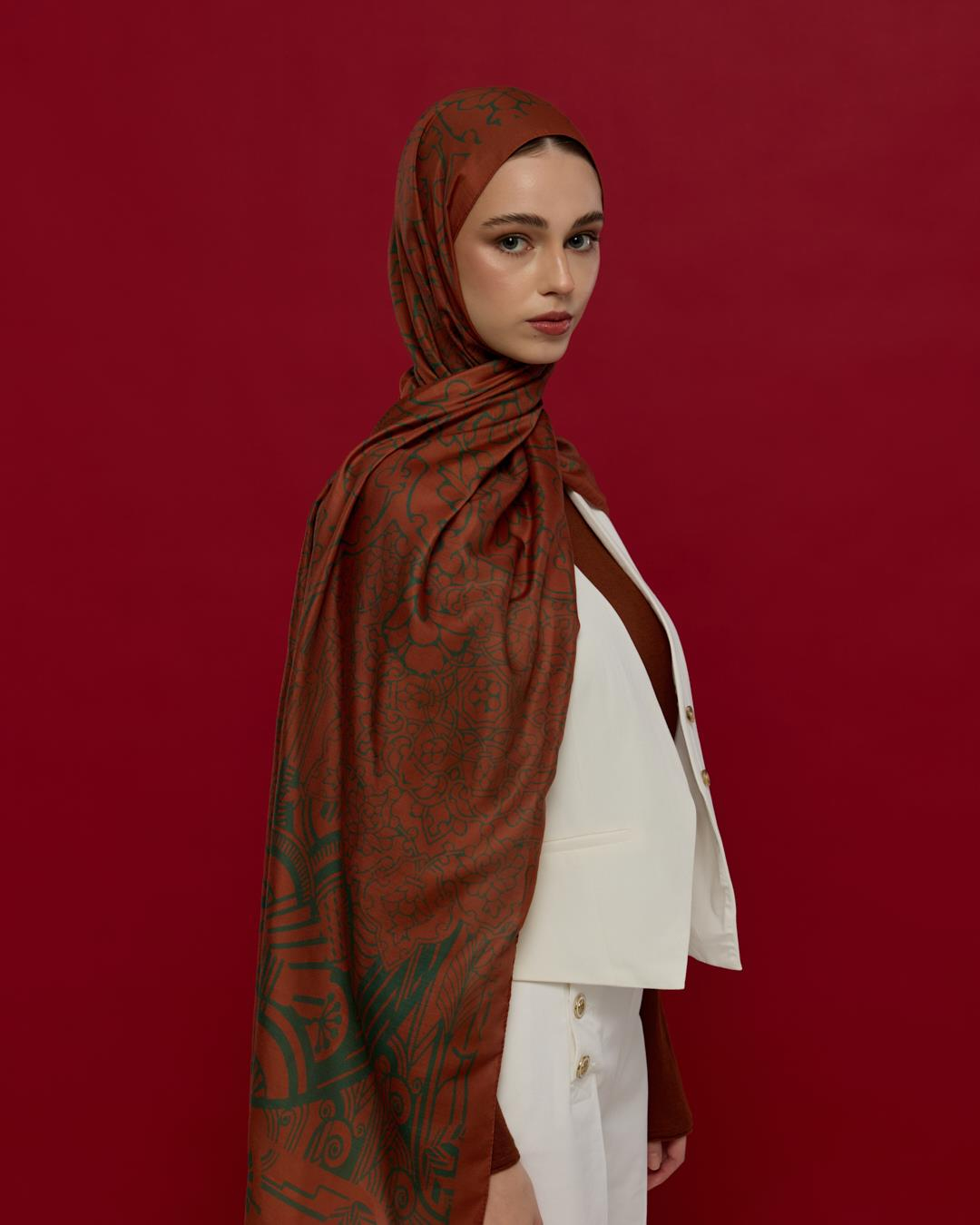 Kızıl Bakır & Koyu Yeşil Harem Rüyası Desen Şal