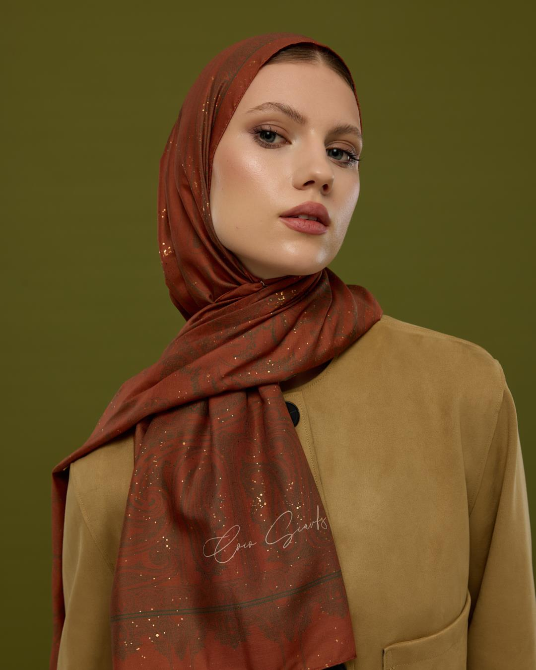 Kızıl Bakır & Koyu Yeşil Hürrem Desen Işıltılı Şal