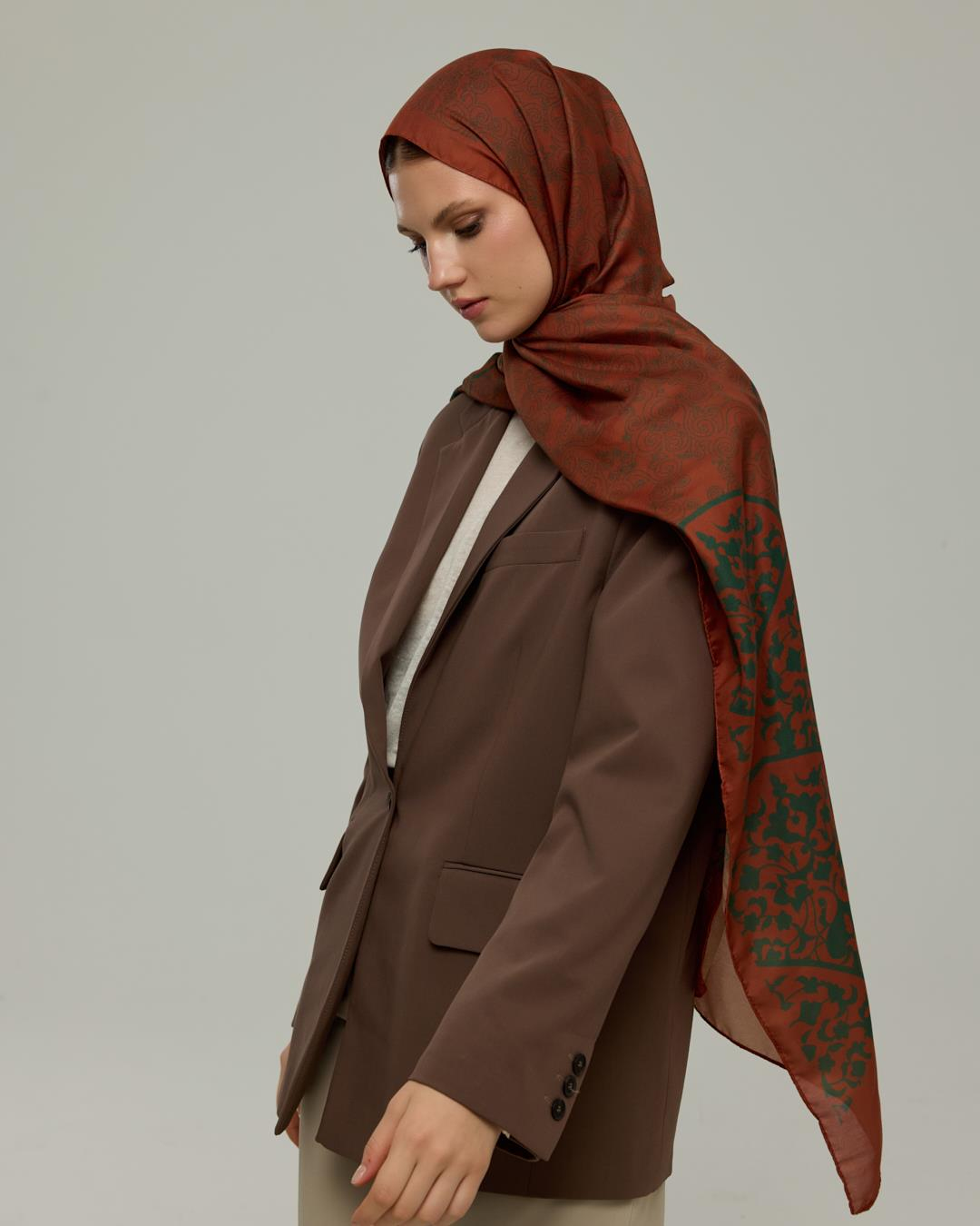 Kızıl Bakır & Koyu Yeşil Saraylı Desen Şal