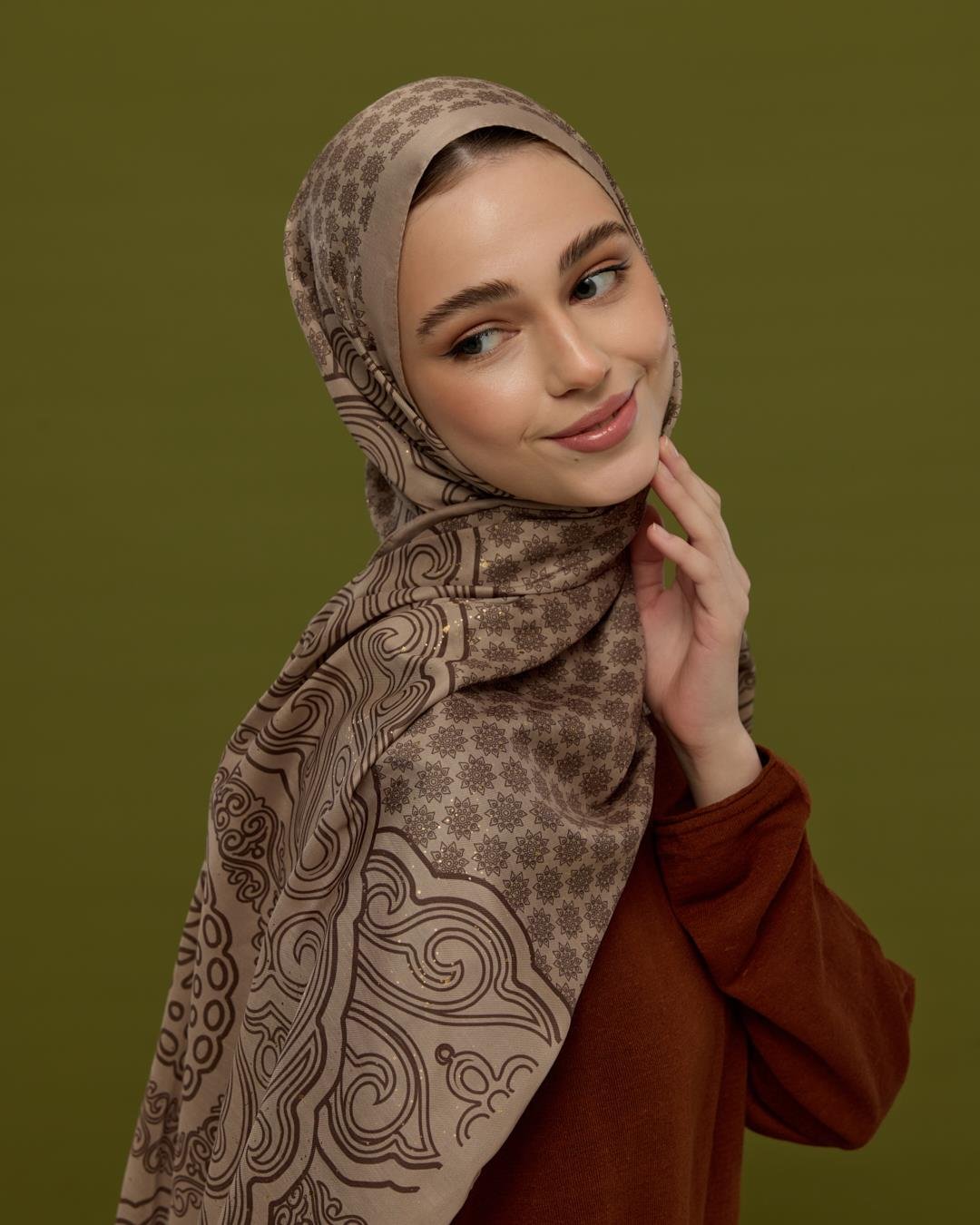 Krem Tarçını & Kakao Bala Hatun Desen Işıltılı Şal