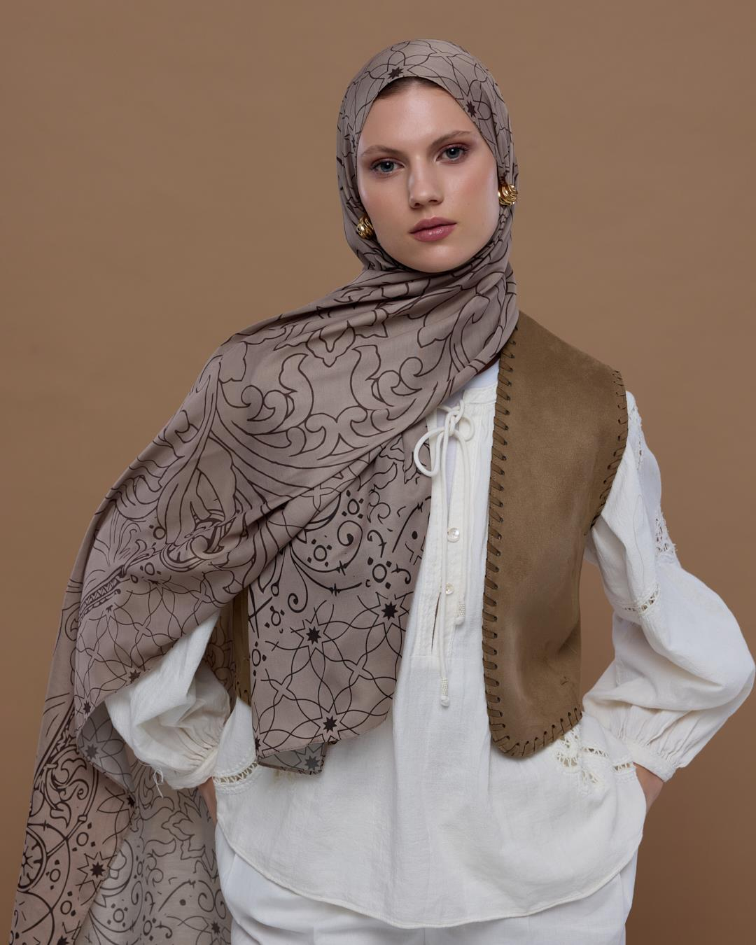 Krem Tarçını & Kakao Efsunlu Desen Şal