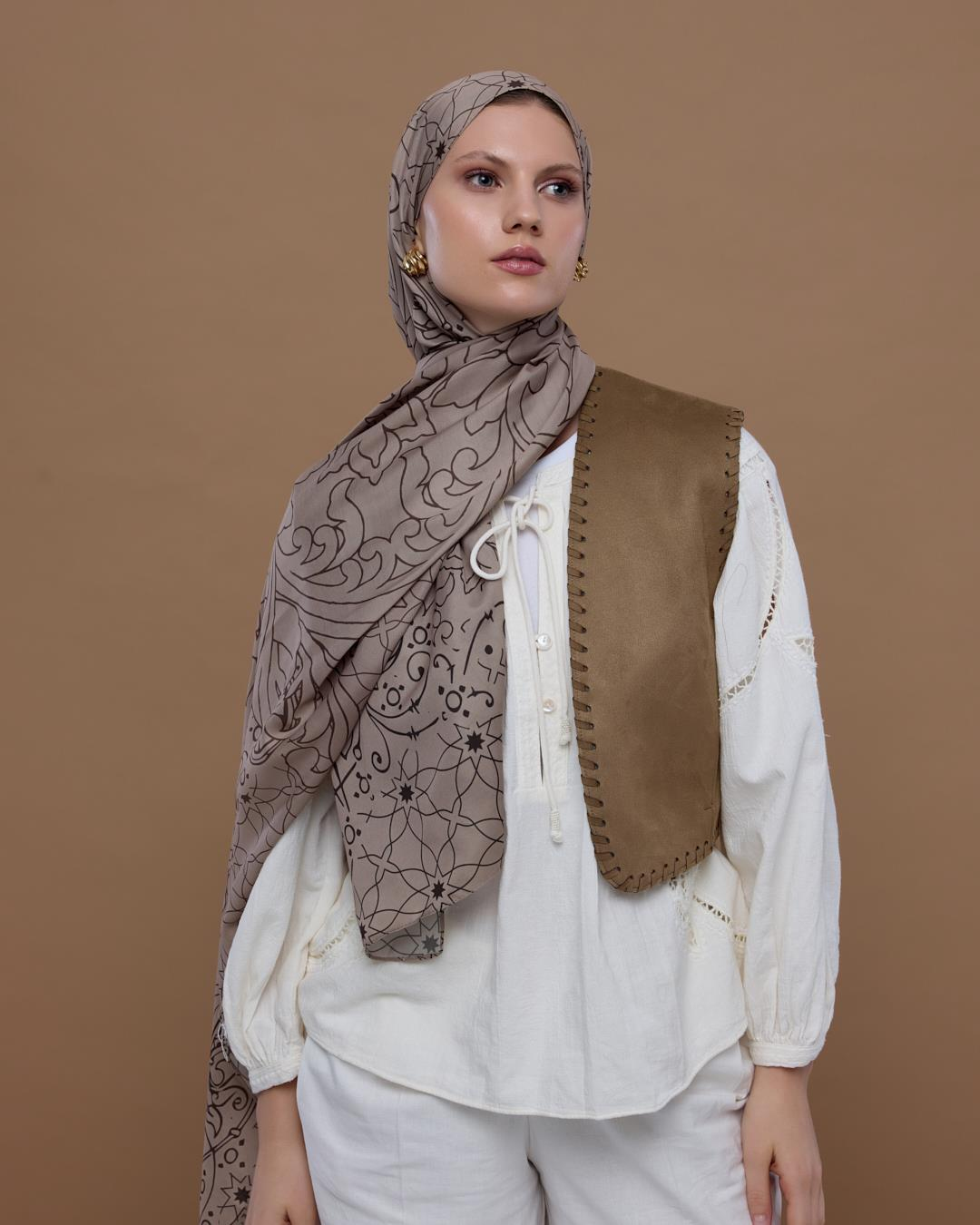 Krem Tarçını & Kakao Efsunlu Desen Şal