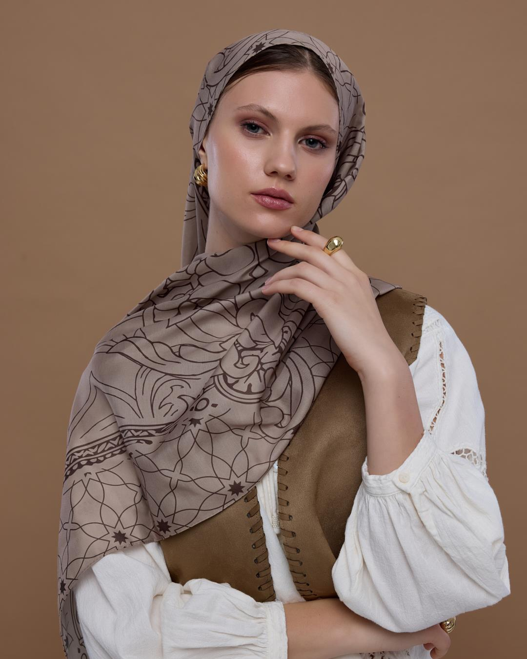 Krem Tarçını & Kakao Efsunlu Desen Şal