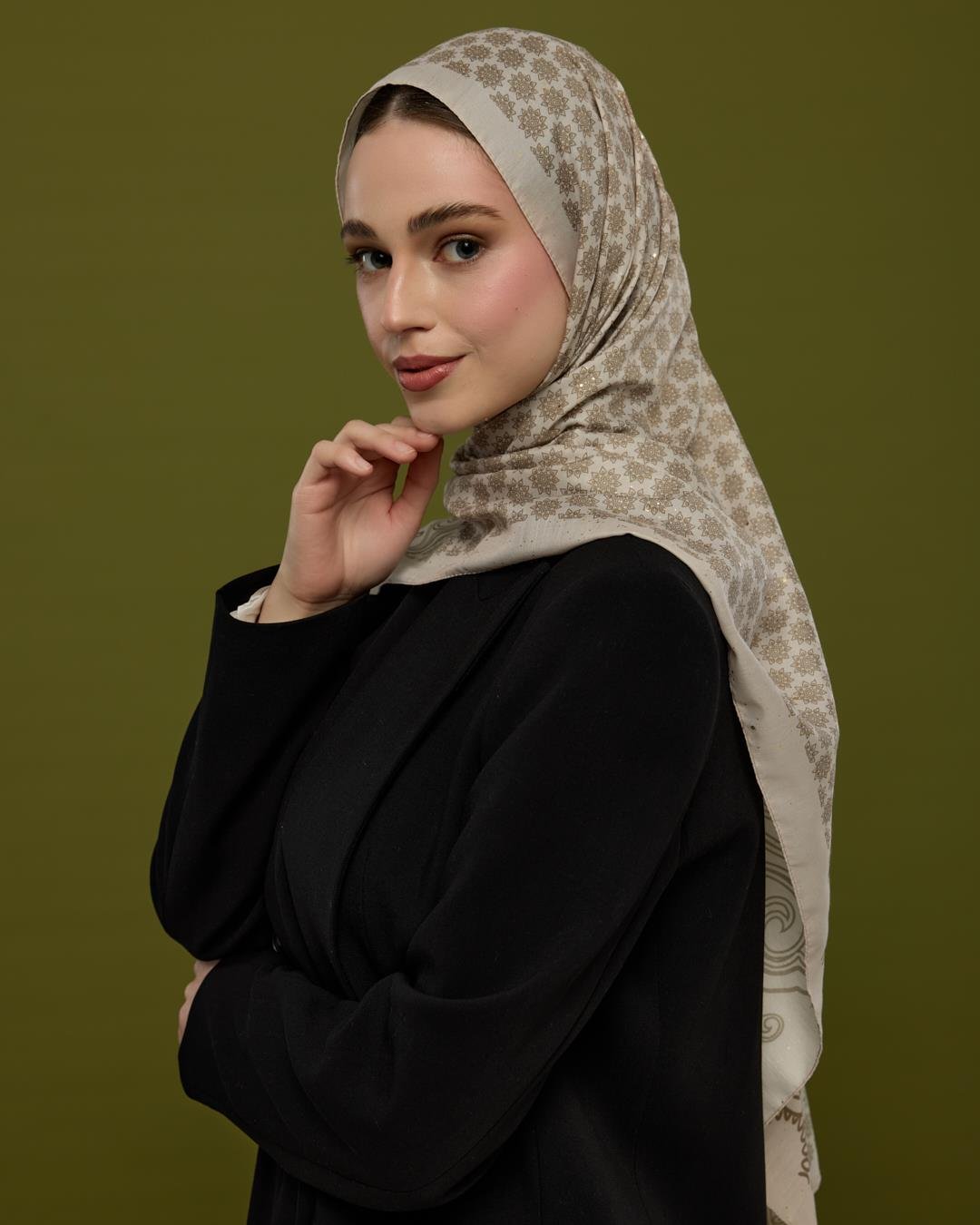 Krem & Toprak Bala Hatun Desen Işıltılı Şal